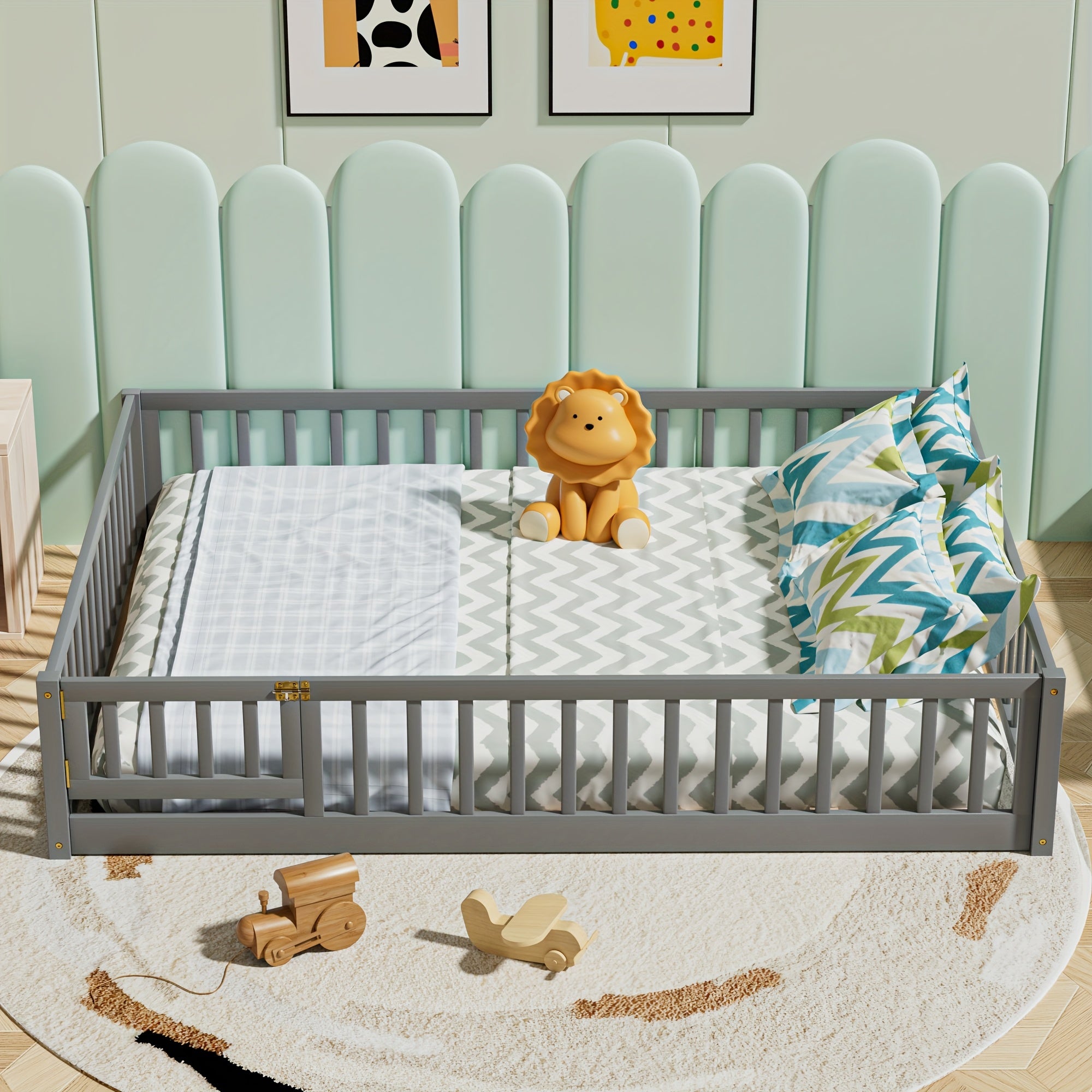 Kids' Solid Wood Bed Kids' Double\u002FFull\u002FQueen Bed Frame, Solid Wood with Reinforced Horizontal Bars, High-Safety Safety Rail and Fun Small Door Design, Durable Bed Suitable for Girls and Boys, Helps Develop Independence, Easy to Assemble