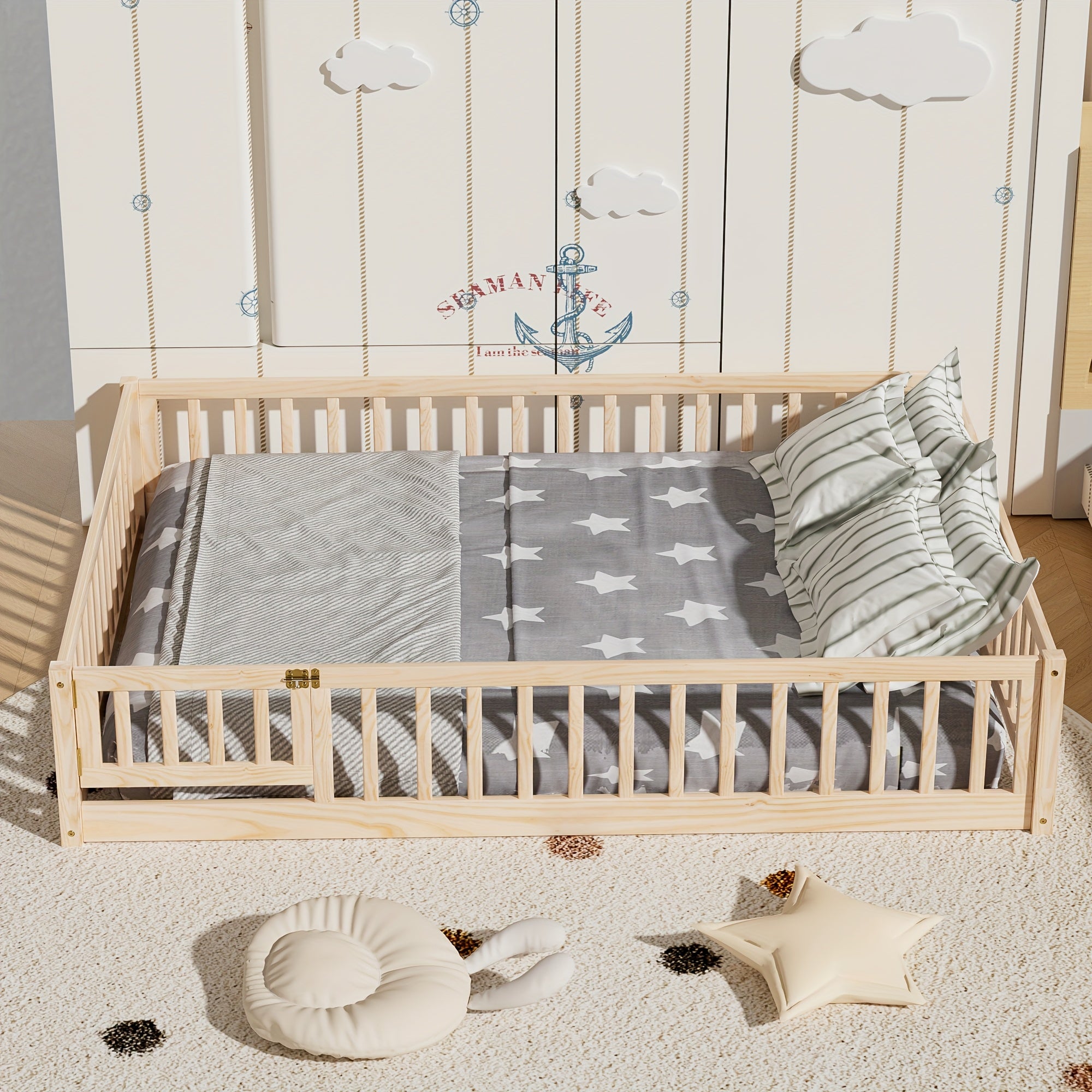 Kids' Solid Wood Bed Kids' Double\u002FFull\u002FQueen Bed Frame, Solid Wood with Reinforced Horizontal Bars, High-Safety Safety Rail and Fun Small Door Design, Durable Bed Suitable for Girls and Boys, Helps Develop Independence, Easy to Assemble