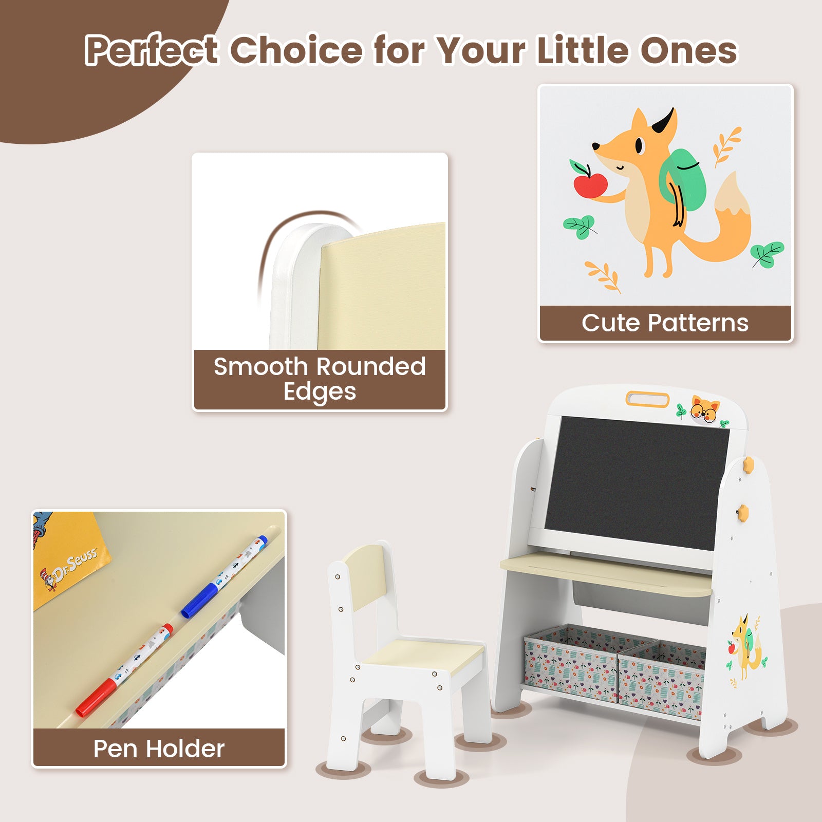 COSTWAY 4-in-1 Kids Table and Chair Set with Art Easel, Whiteboard\u002FBlackboard, Bookshelf & Storage Bin - Wood Children's Activity Table, Rounded Edges for & Bedroom, Playroom, Learning Desk