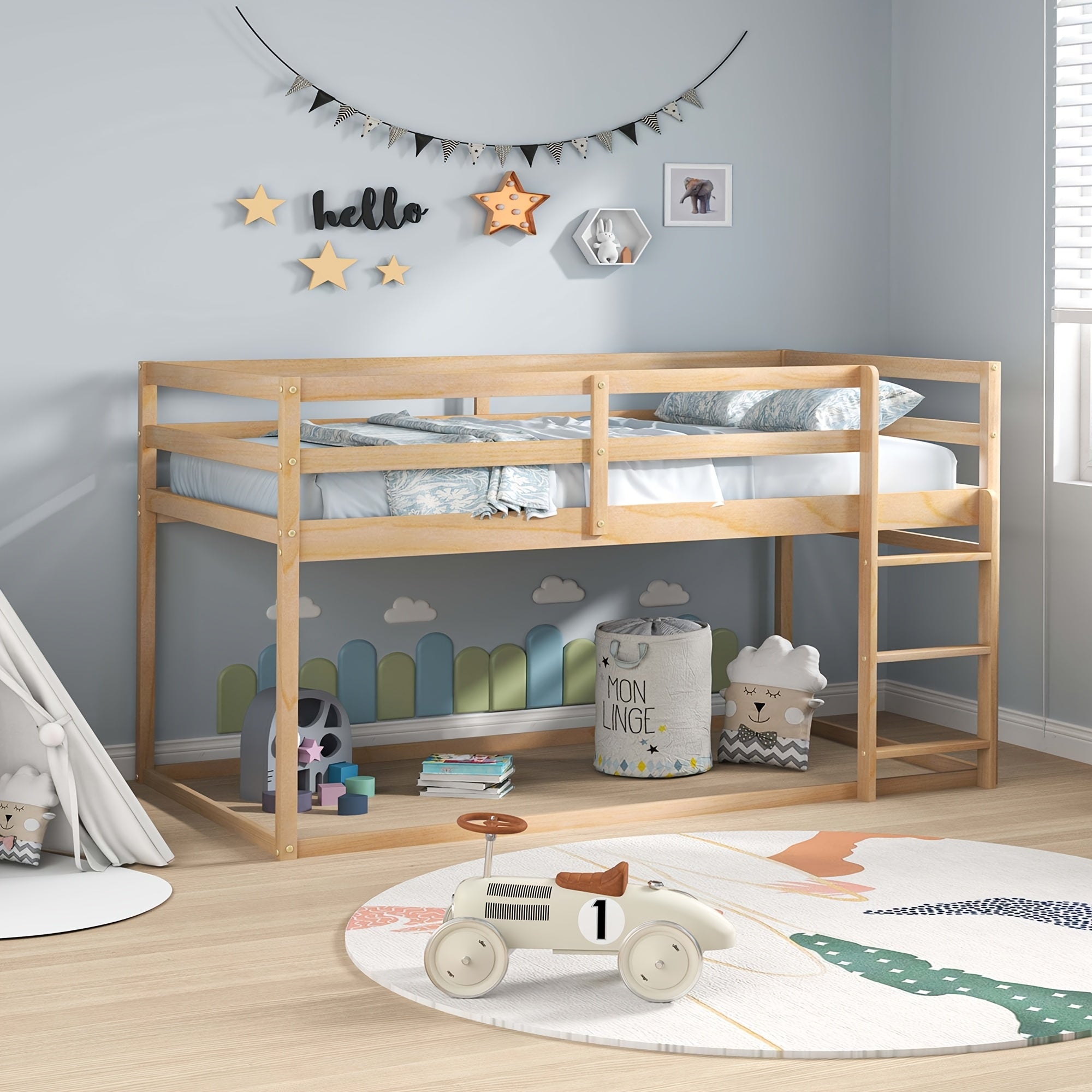Kids Twin-Over-Twin Low Bunk Bed with Ladder & Full Guardrails, Solid Wood Floor Bunk Bed for Boys\u002FGirls, Junior Bedroom Space-Saver