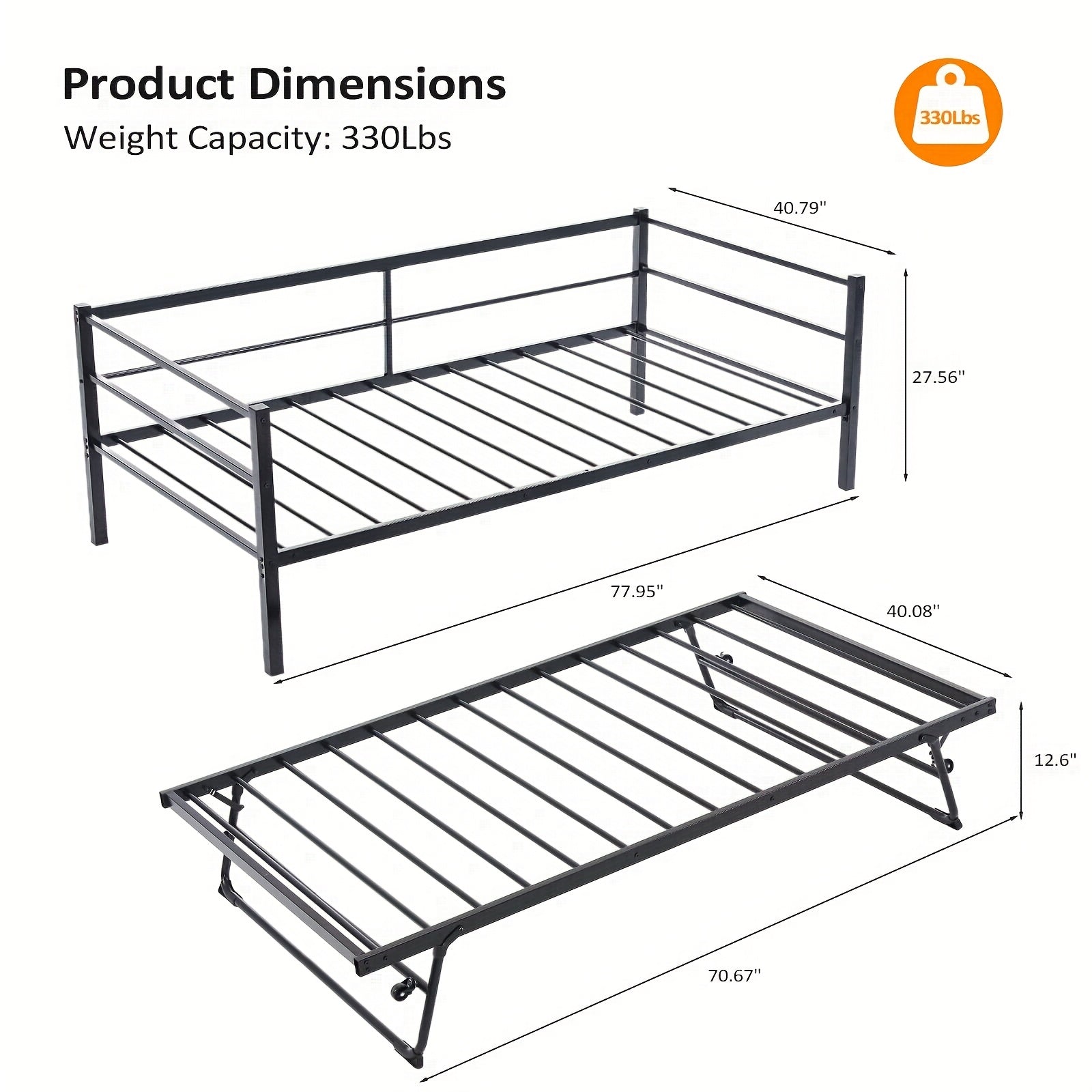 Bonnlo Heavy Duty Twin Bed with Pop Up Trundle, Metal Twin Daybed No Box Spring Needed, Not Included Mattress
