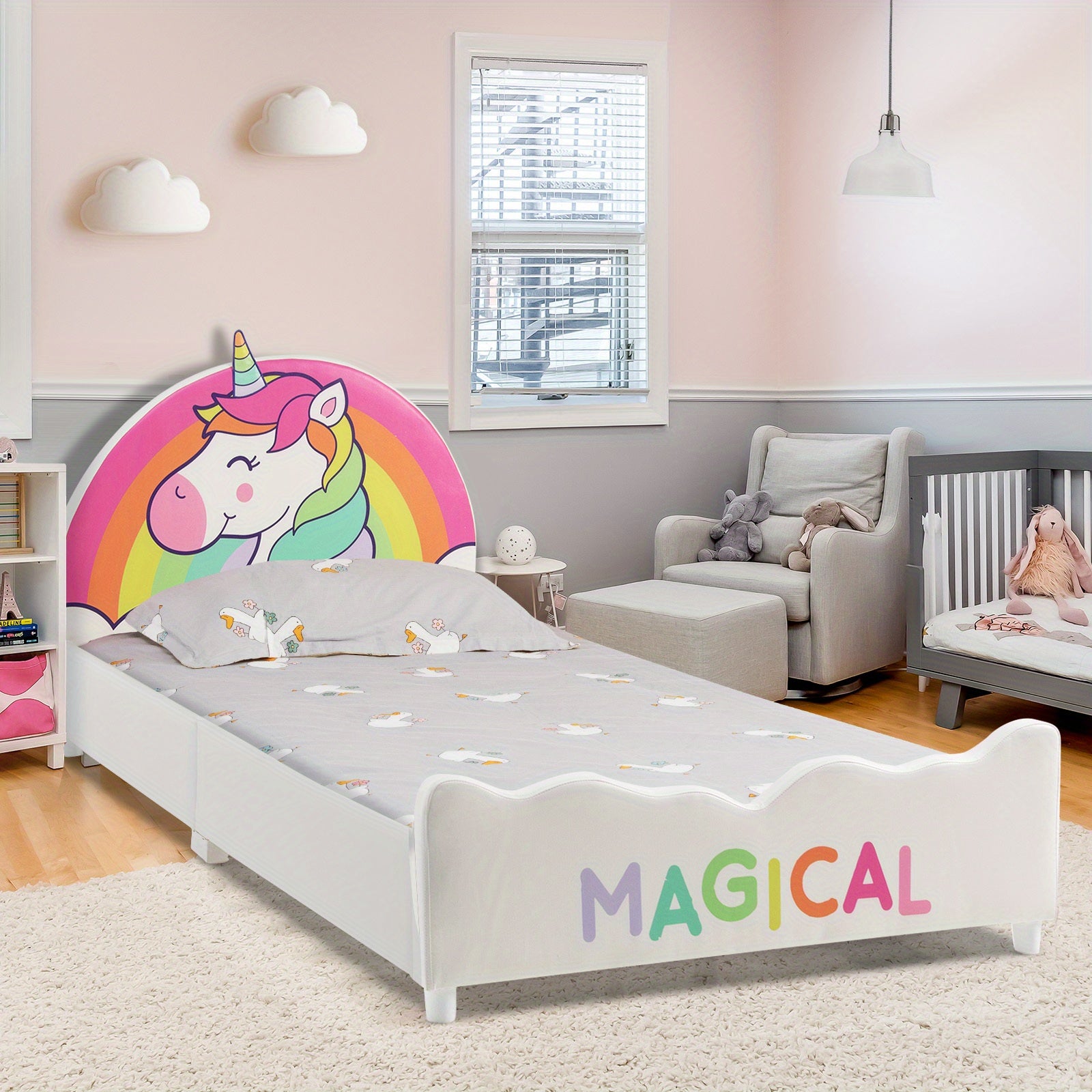 Kids Upholstered Platform Bed Children Twin Size Wooden Bed Unicorn Pattern