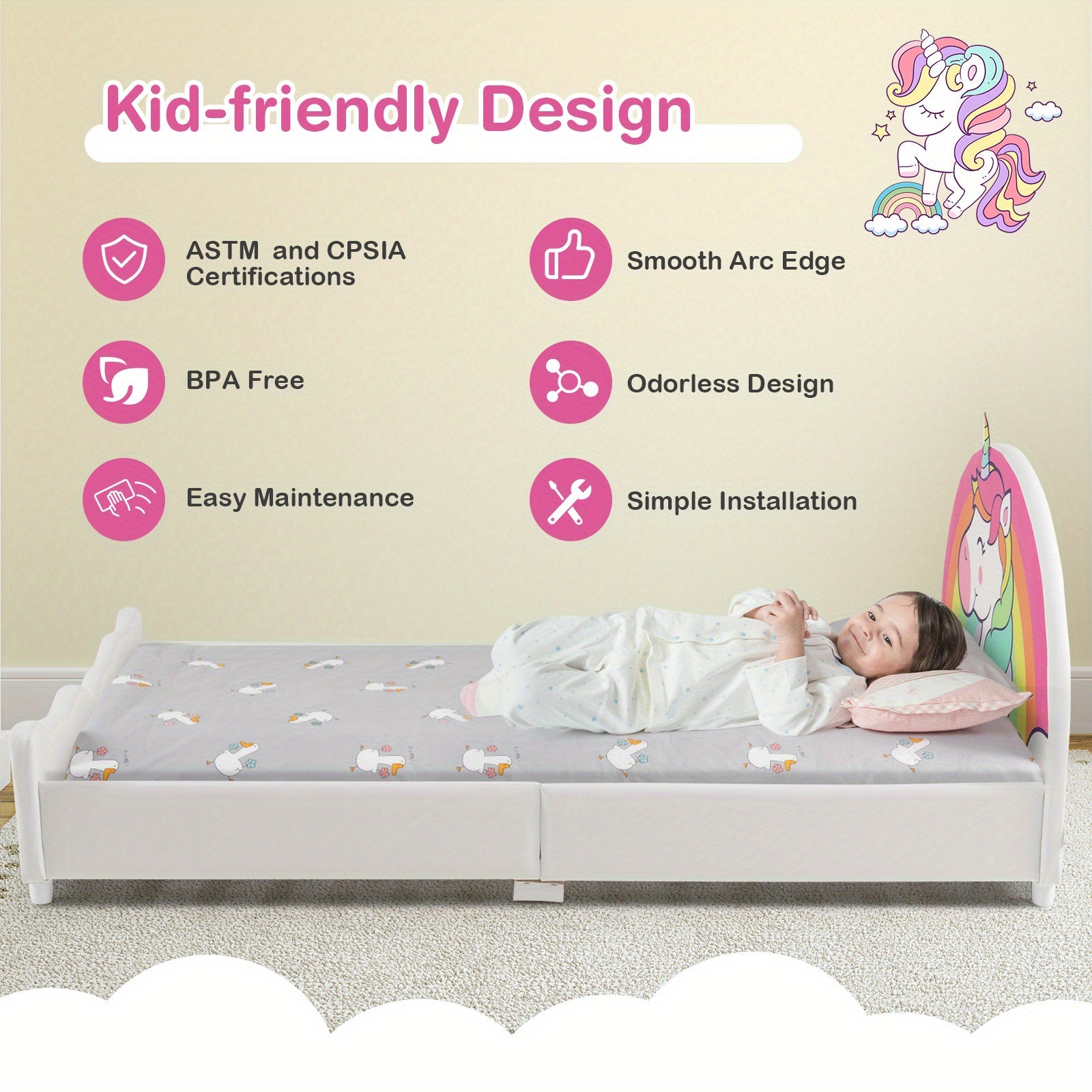 Kids Upholstered Platform Bed Children Twin Size Wooden Bed Unicorn Pattern