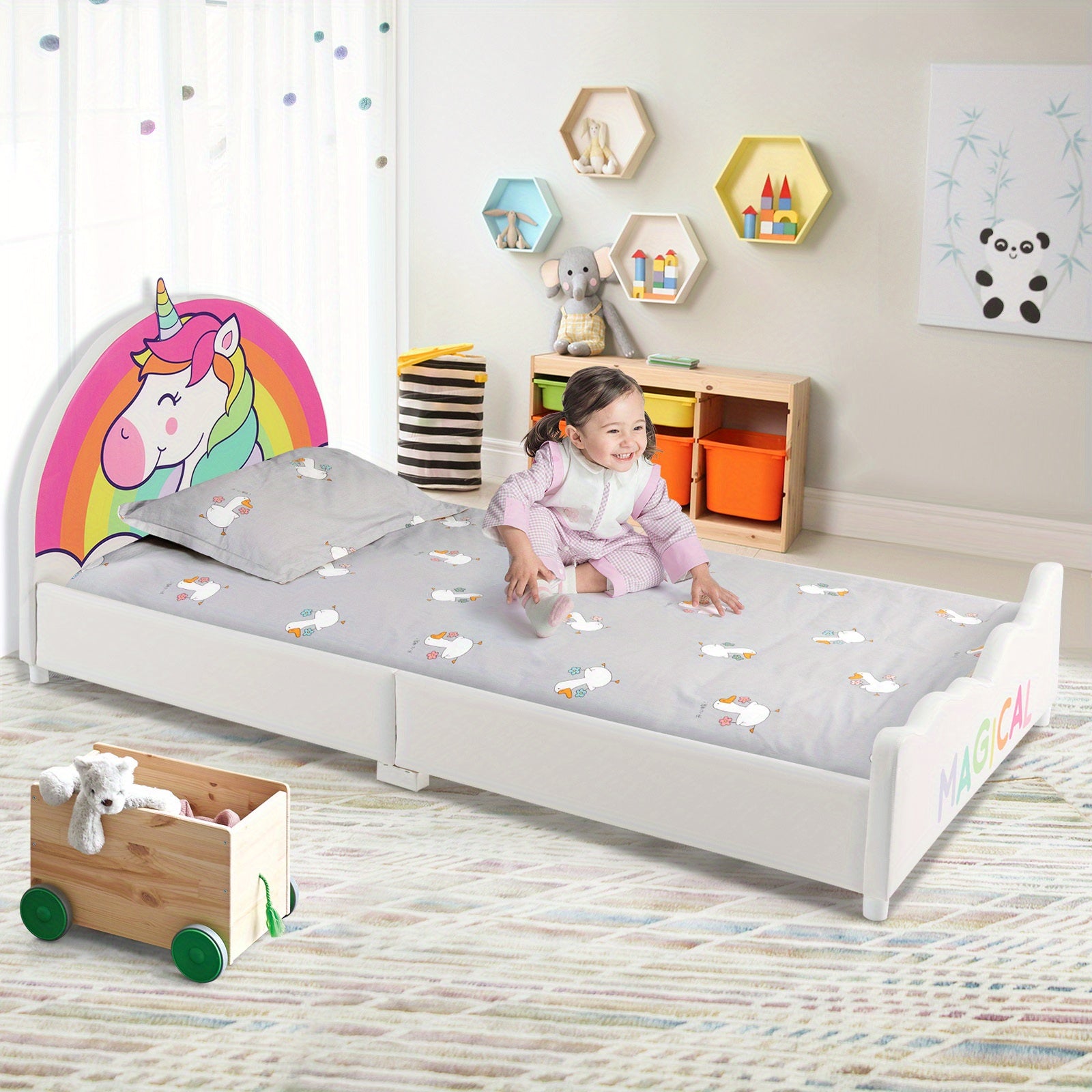 Kids Upholstered Platform Bed Children Twin Size Wooden Bed Unicorn Pattern