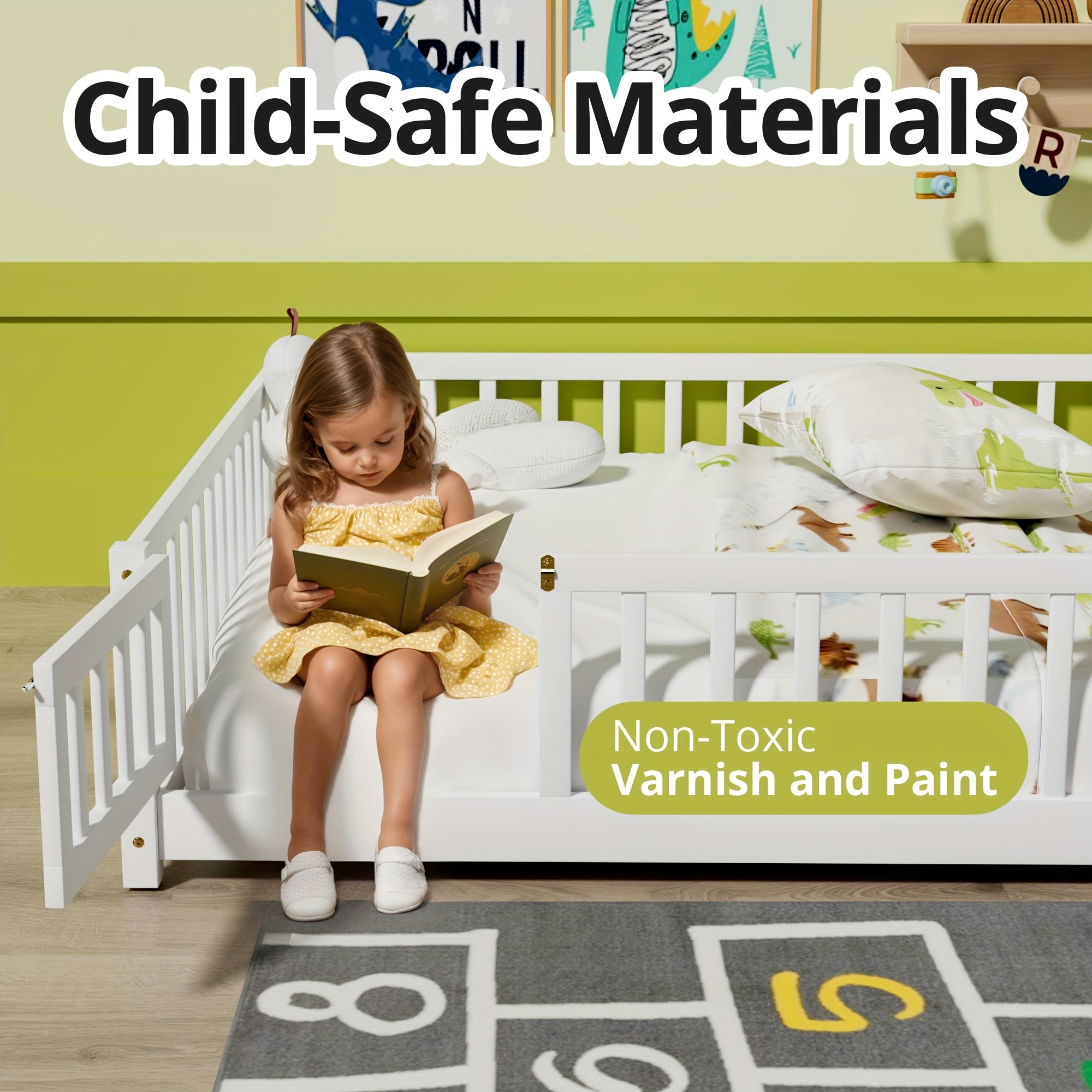 Kids' Solid Wood Bed Kids' Double\u002FFull\u002FQueen Bed Frame, Solid Wood with Reinforced Horizontal Bars, High-Safety Safety Rail and Fun Small Door Design, Durable Bed Suitable for Girls and Boys, Helps Develop Independence, Easy to Assemble