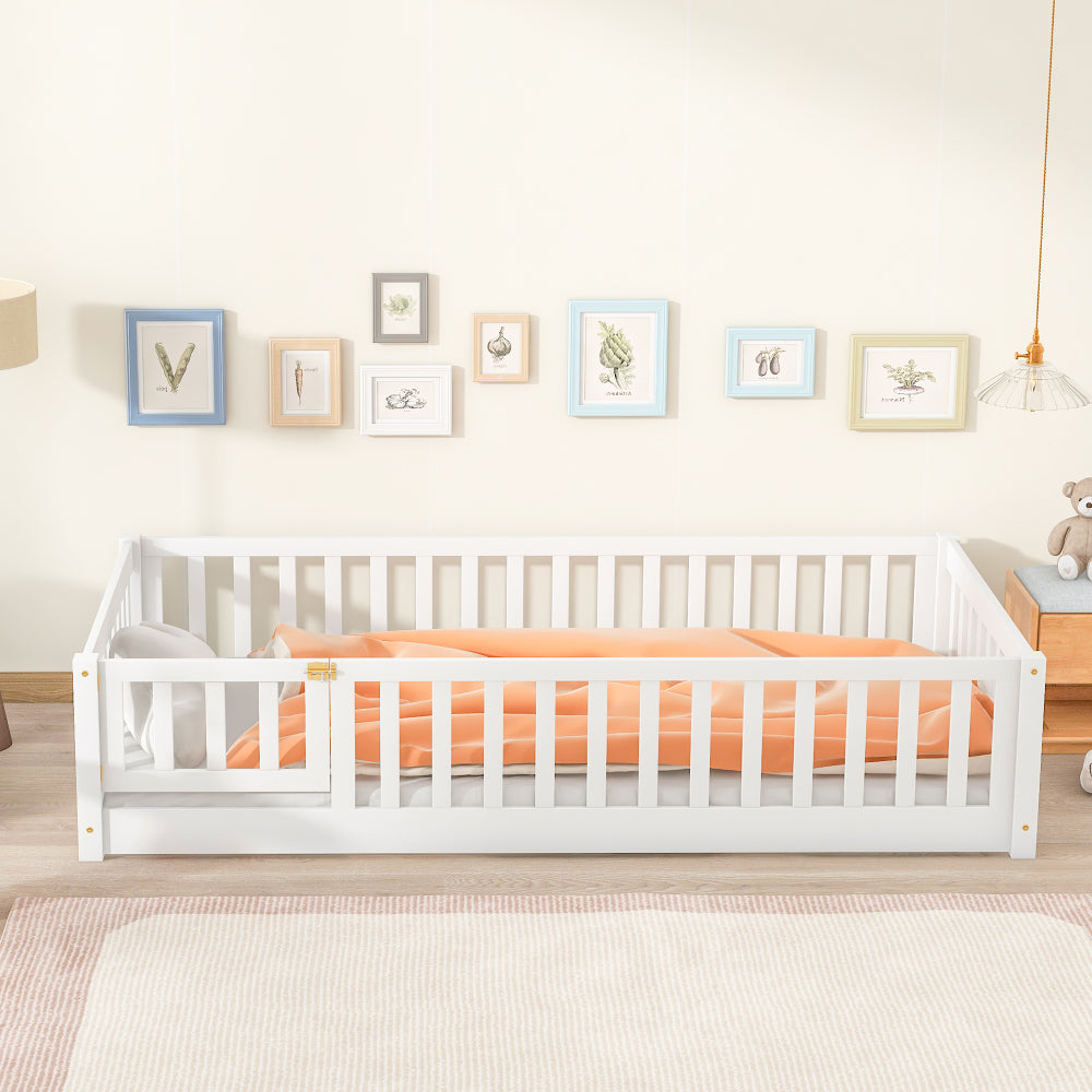 Twin Size Floor Bed with Fence and Door, Rubber Wood Floor Bed with Safety Guardrails, White