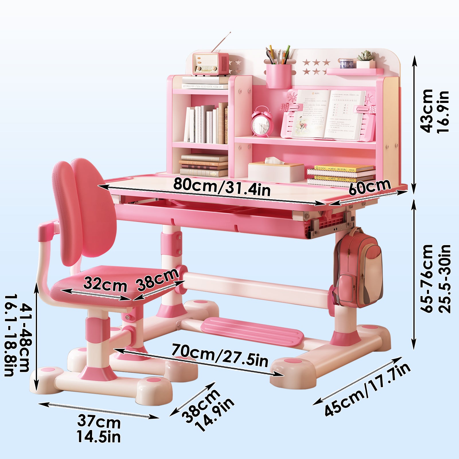2pcs ' Adjustable Height Study Table & Chair Set with Bookshelf, Footboard & Partition - Ergonomic Learning Desk for \u002F Room, to Teen, Pink\u002FBlue (Metal & Wood), Space-Saving
