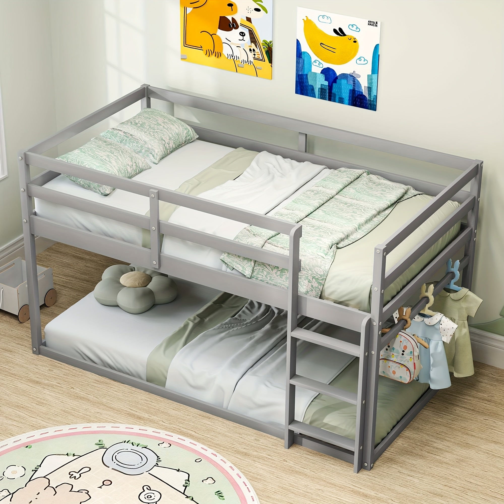 Kids Twin-Over-Twin Low Bunk Bed with Ladder & Full Guardrails, Solid Wood Floor Bunk Bed for Boys\u002FGirls, Junior Bedroom Space-Saver