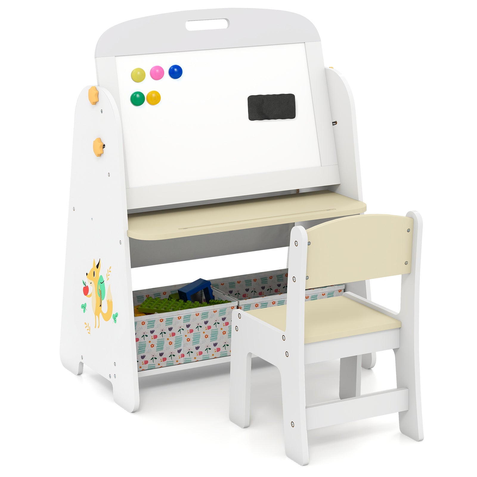 COSTWAY 4-in-1 Kids Table and Chair Set with Art Easel, Whiteboard\u002FBlackboard, Bookshelf & Storage Bin - Wood Children's Activity Table, Rounded Edges for & Bedroom, Playroom, Learning Desk