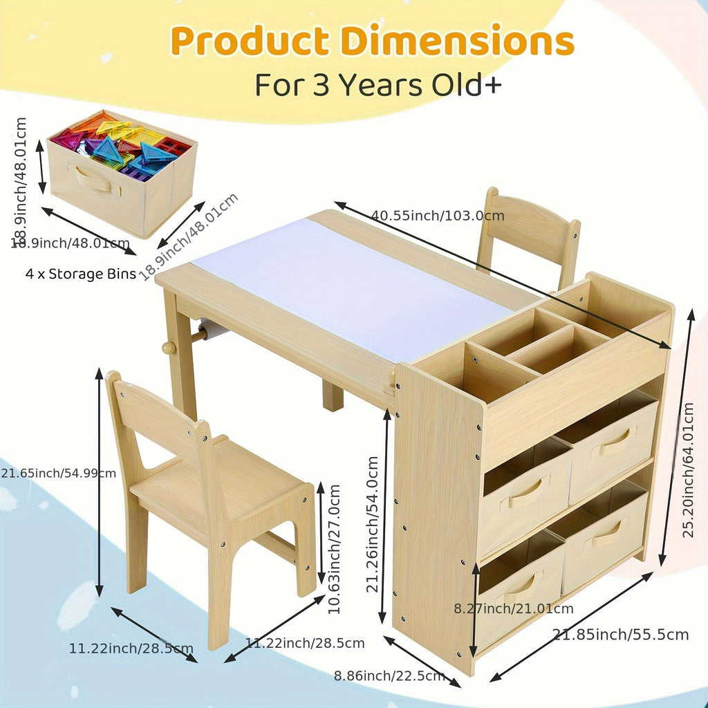 Children'S Table With 2 Chairs, Children'S Seating Group With Storage Space, Wooden Children'S Table Chair Set, Painting Table Desk With Paper Roll And 4 Storage Boxes, Children'S Table For School Daycare