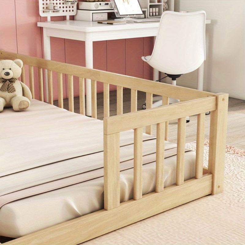 Modern Double Twin Floor Bed with Guardrails - Natural Finish, No Door, Mattress Not Included