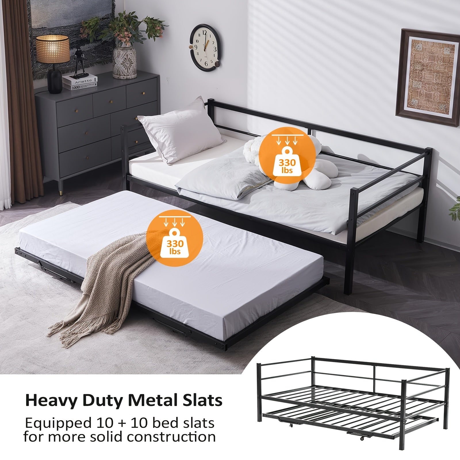 Bonnlo Heavy Duty Twin Bed with Pop Up Trundle, Metal Twin Daybed No Box Spring Needed, Not Included Mattress