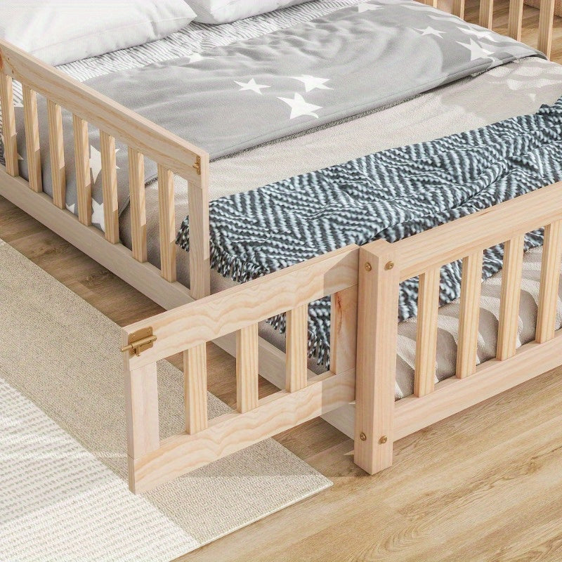 Natural Floor Bed with a Headboard Shaped Like a Full House And a Fence.