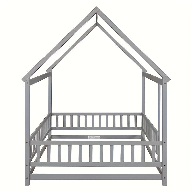 Twin Over Twin House-Shaped Bunk Bed with Guardrails & Ladder - Low Profile Bed Suitable for &, Space-Saving Rubber Wood Bed with Wide Step Ladder and House Roof