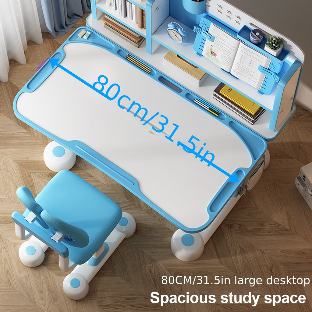 2pcs ' Adjustable Height Study Table & Chair Set with Bookshelf, Footboard & Partition - Ergonomic Learning Desk for \u002F Room, to Teen, Pink\u002FBlue (Metal & Wood), Space-Saving