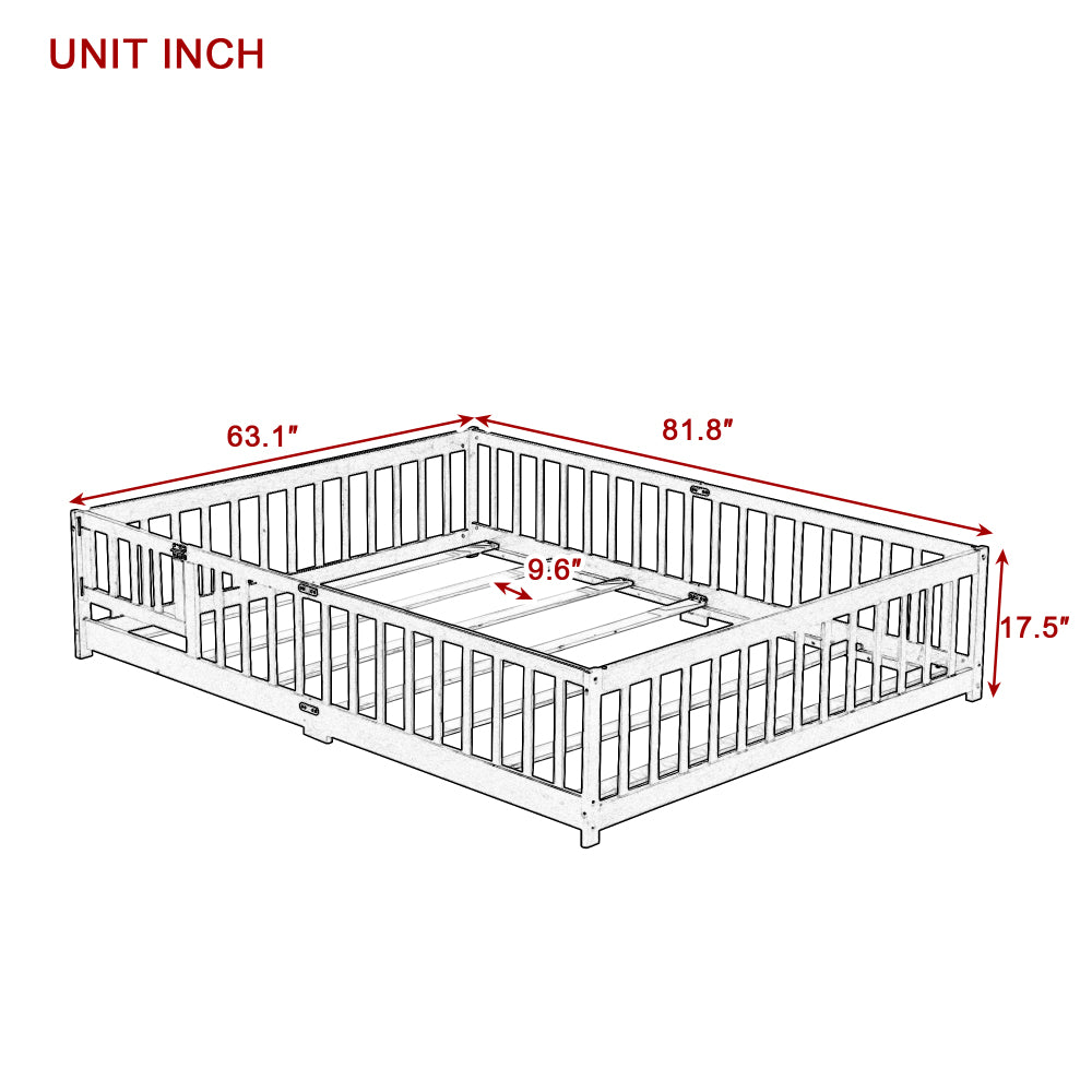 Queen Size Floor Bed with Fence, Door, Rubber Wood Floor Bed with Safety Guardrails, White