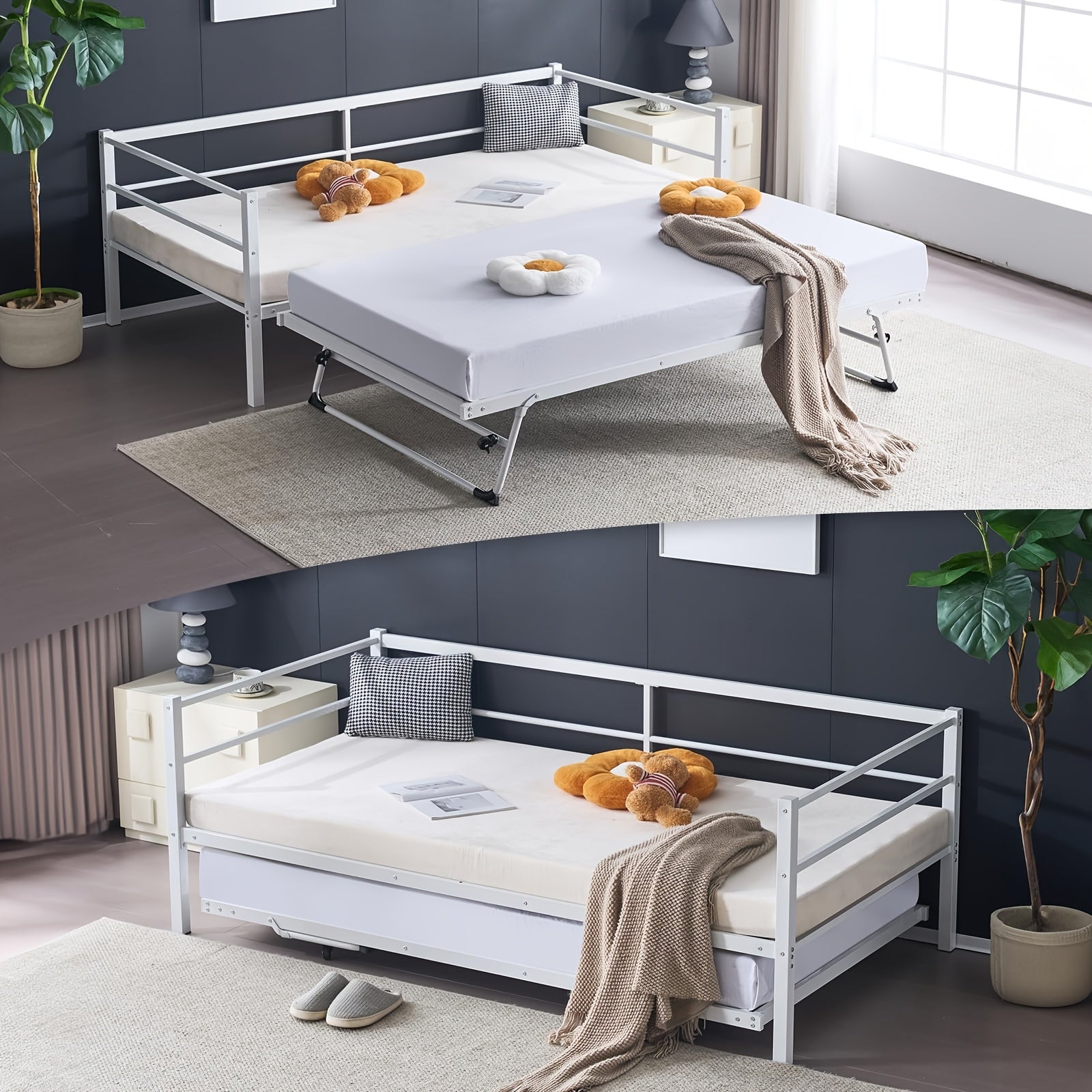 Bonnlo Heavy Duty Twin Bed with Pop Up Trundle, Metal Twin Daybed No Box Spring Needed, Not Included Mattress