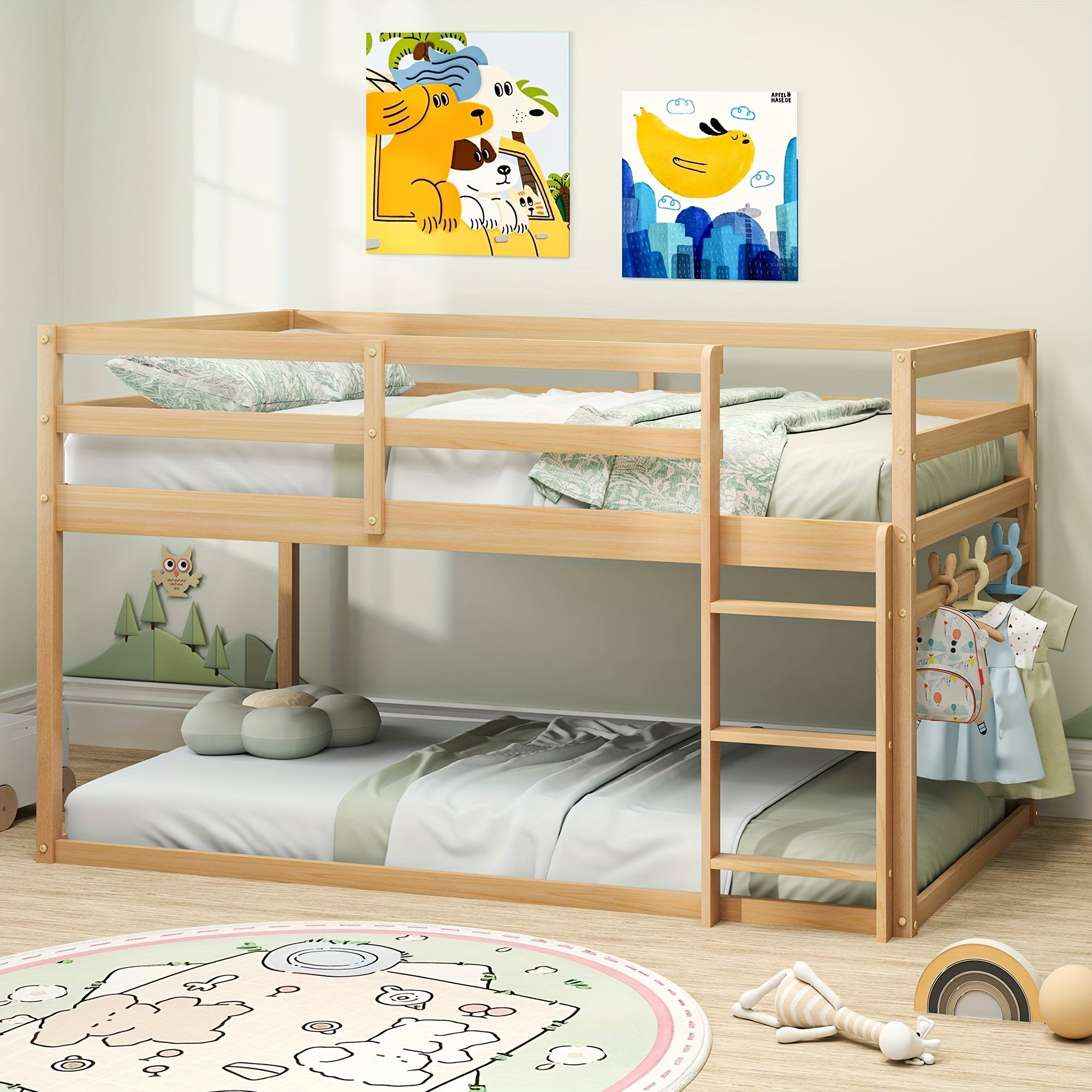 Kids Twin-Over-Twin Low Bunk Bed with Ladder & Full Guardrails, Solid Wood Floor Bunk Bed for Boys\u002FGirls, Junior Bedroom Space-Saver