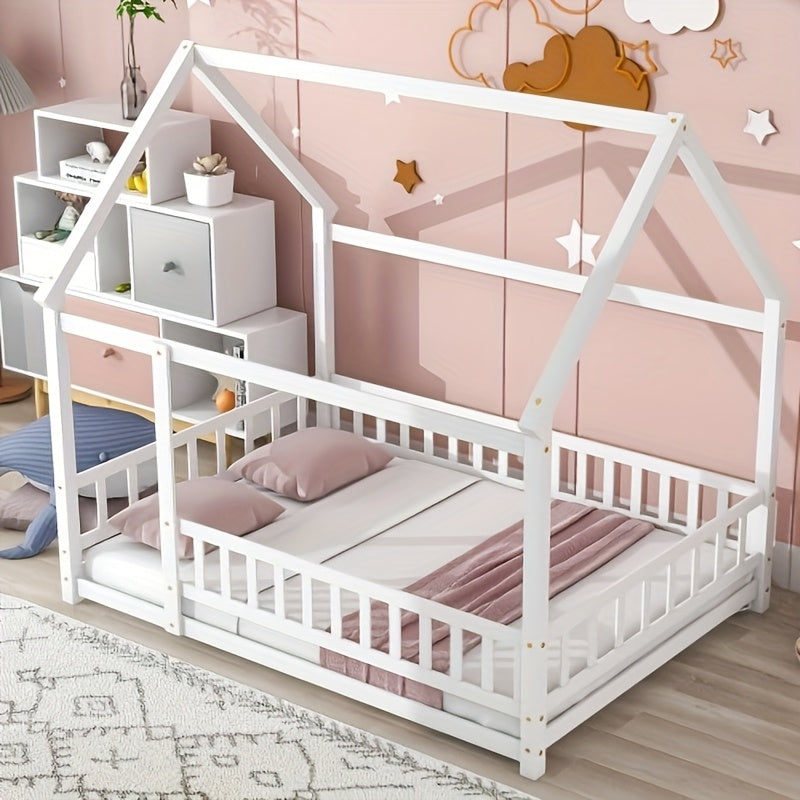 Twin Over Twin House-Shaped Bunk Bed with Guardrails & Ladder - Low Profile Bed Suitable for &, Space-Saving Rubber Wood Bed with Wide Step Ladder and House Roof