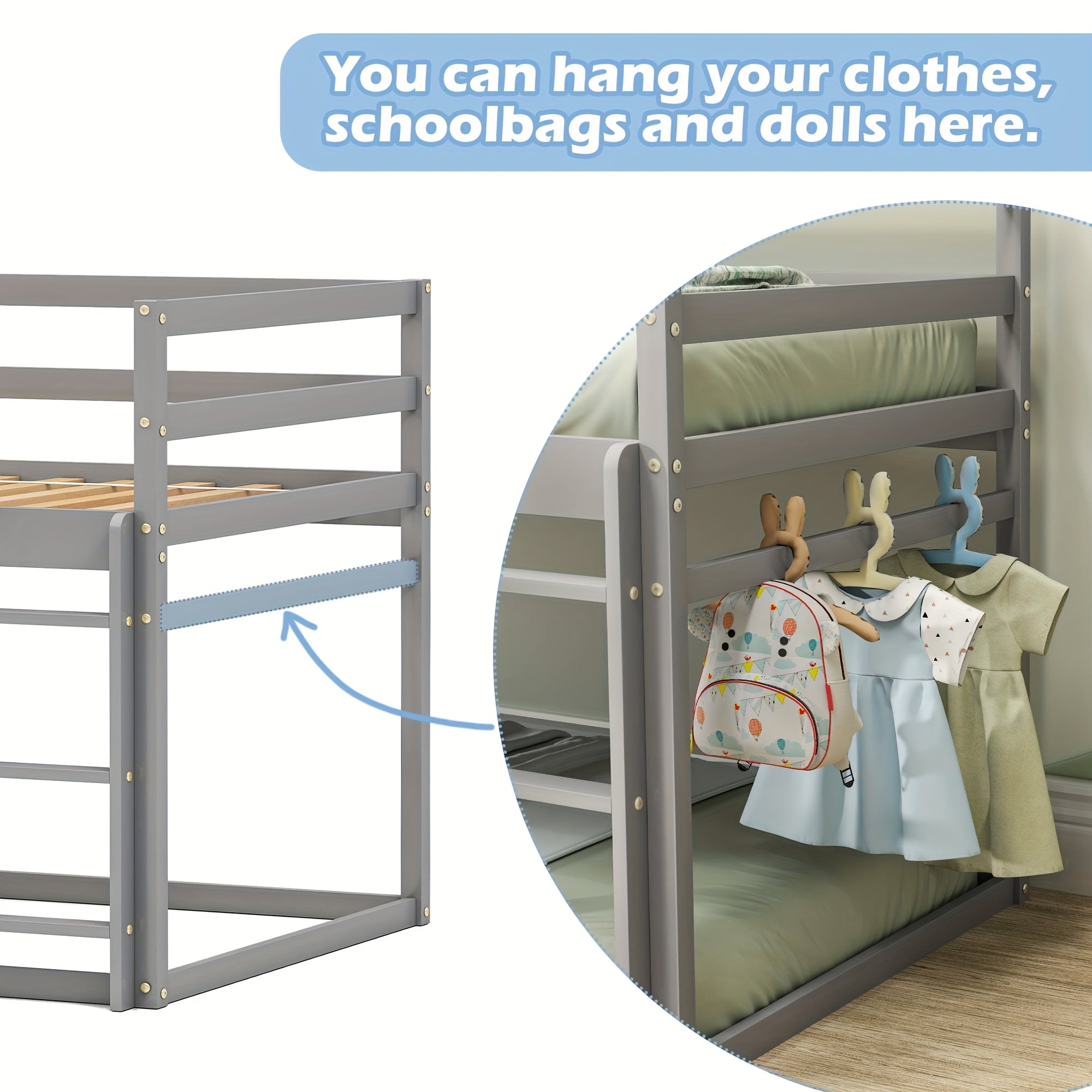 Kids Twin-Over-Twin Low Bunk Bed with Ladder & Full Guardrails, Solid Wood Floor Bunk Bed for Boys\u002FGirls, Junior Bedroom Space-Saver