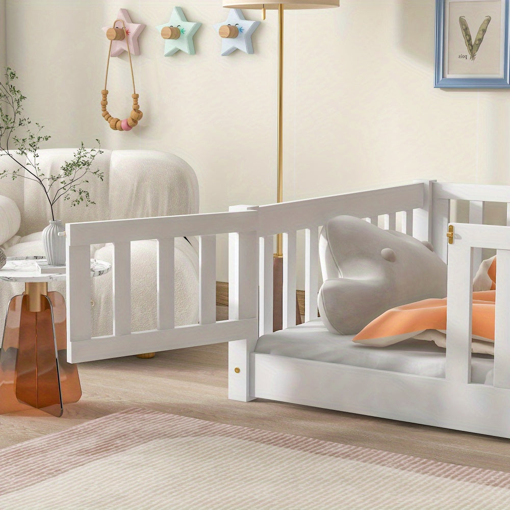 Twin Size Floor Bed with Fence and Door, Rubber Wood Floor Bed with Safety Guardrails, White