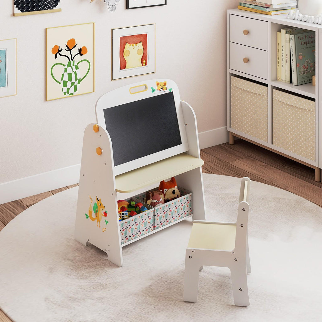 COSTWAY 4-in-1 Kids Table and Chair Set with Art Easel, Whiteboard\u002FBlackboard, Bookshelf & Storage Bin - Wood Children's Activity Table, Rounded Edges for & Bedroom, Playroom, Learning Desk