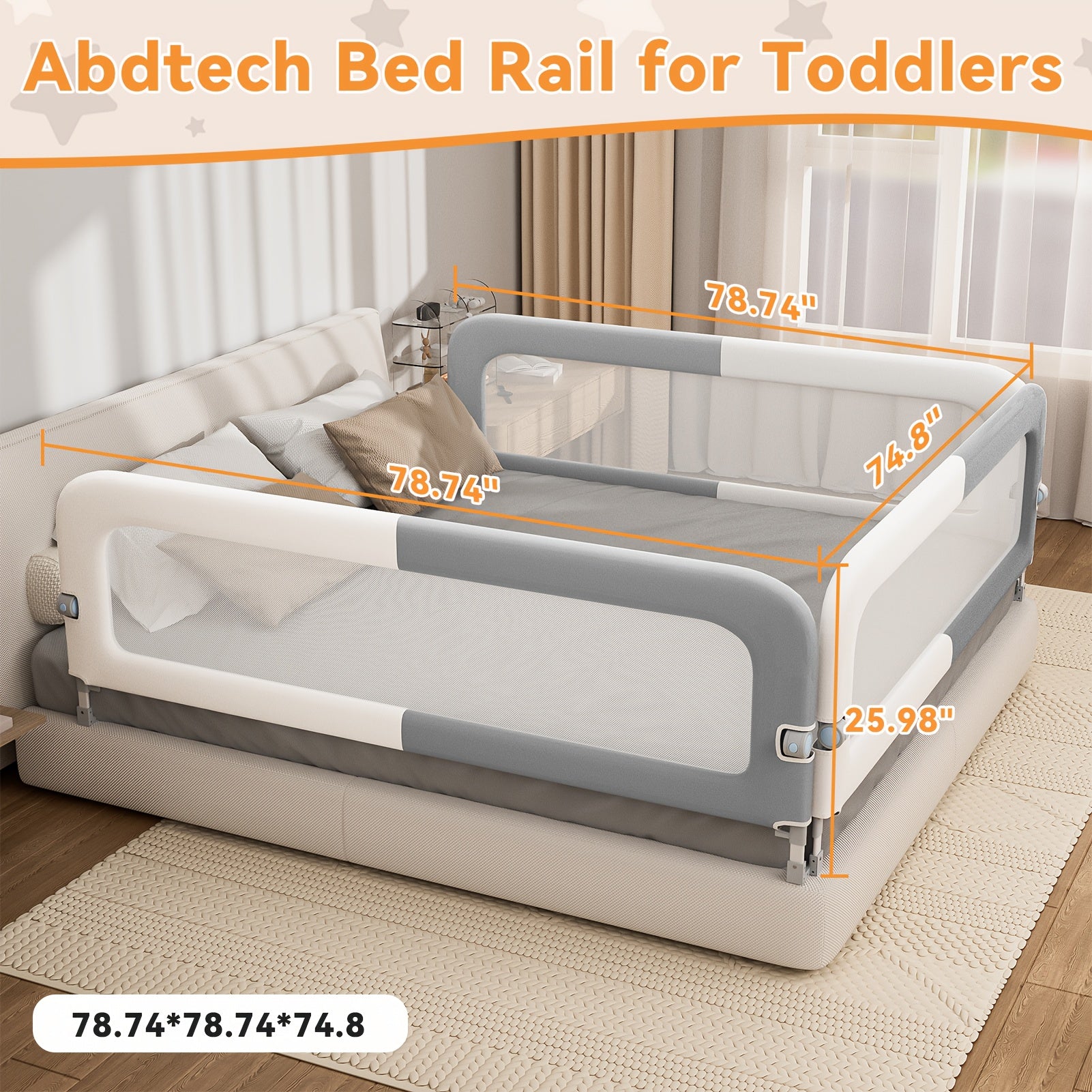 Three Sides Bed Rail for Toddlers, Foldable Steady U-Shape Seamless Design for King Size Bed\u002F78.74x78.74x74\