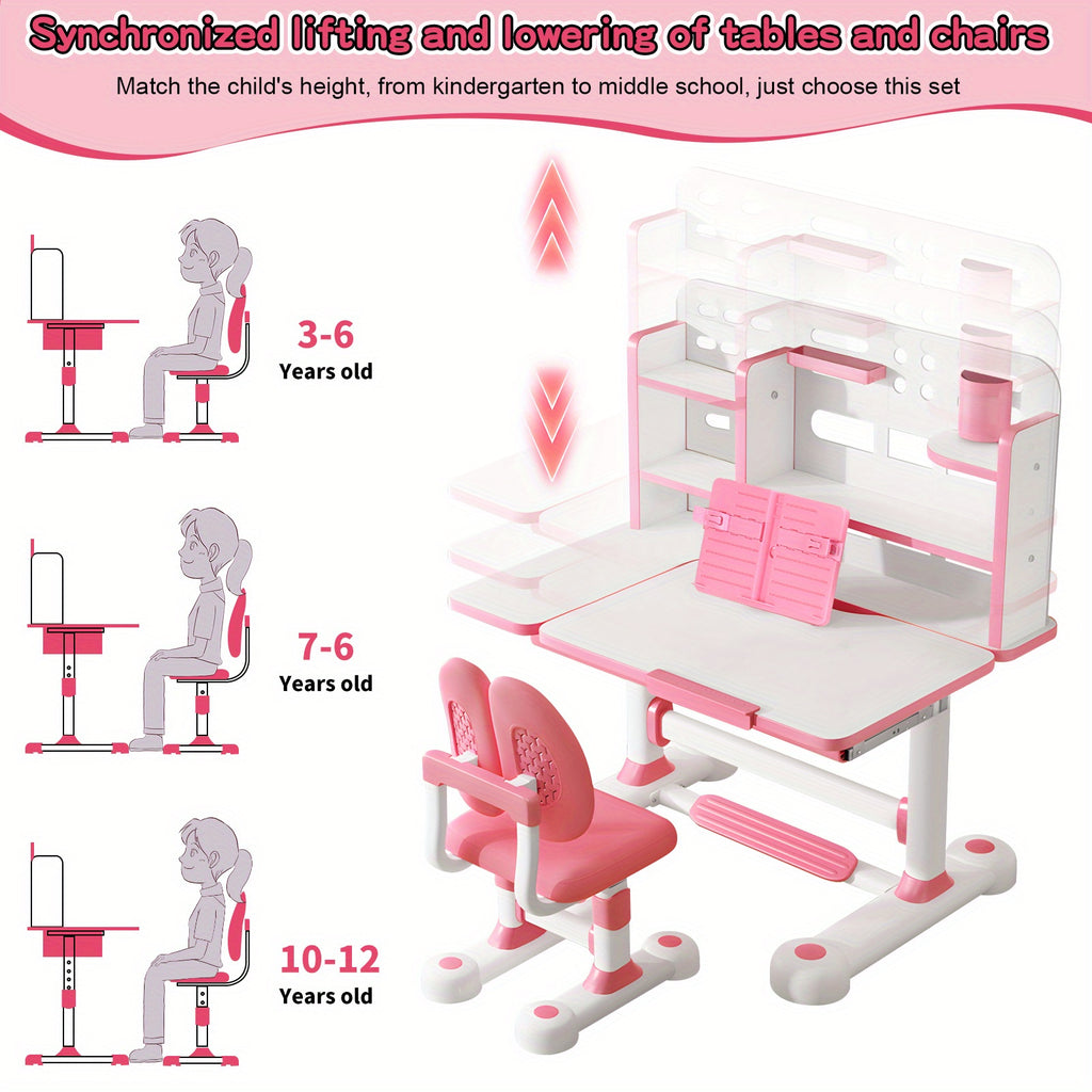 1 X Children's Study Table Study Table and Chair Set, Adjustable Children's Table and Chair with Bookshelf and Storage Drawer, 50 Degree Slopable Desktop Study Table, Chair with Chair Bedroom Study Room 46.85\
