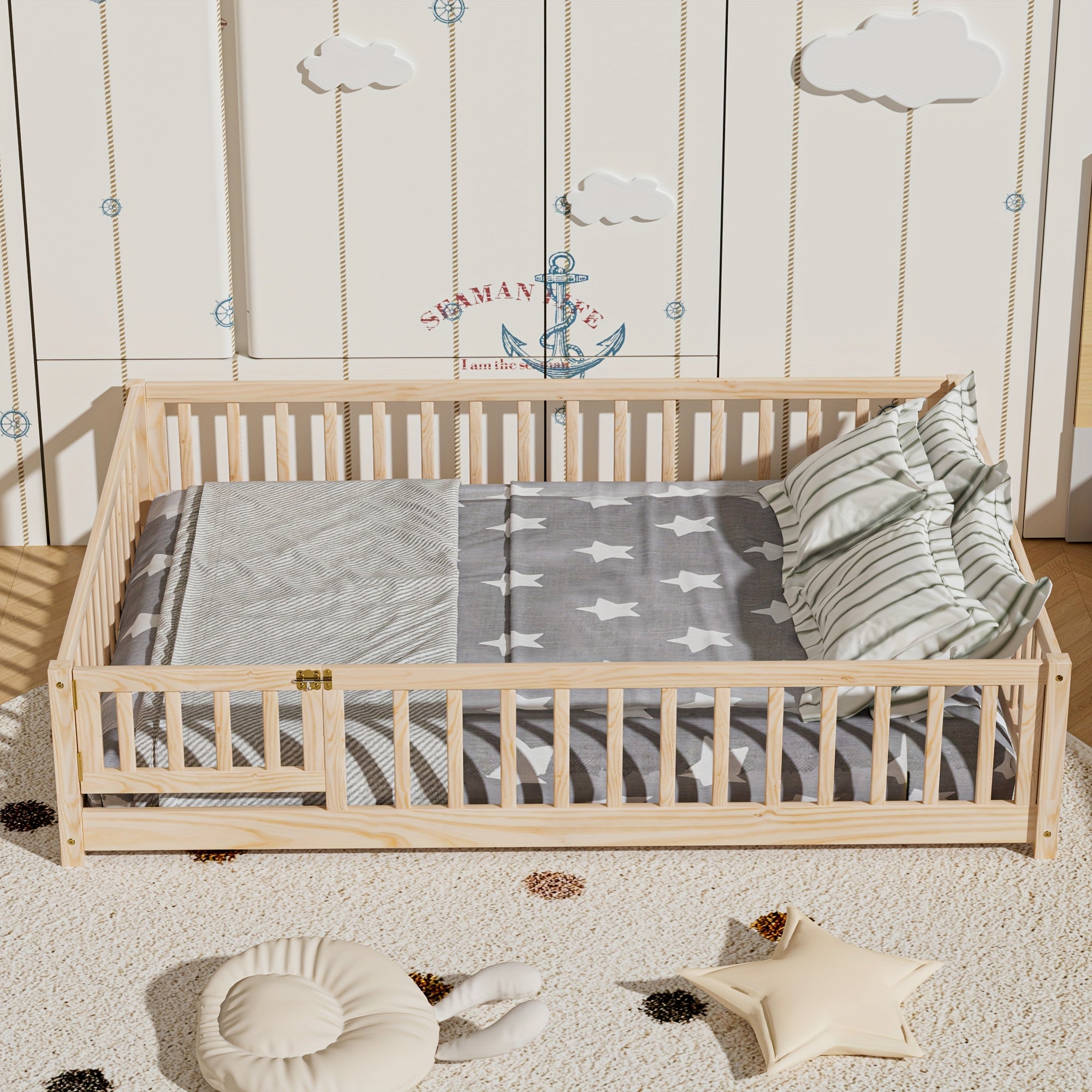 Kids' Solid Wood Bed Kids' Double\u002FFull\u002FQueen Bed Frame, Solid Wood with Reinforced Horizontal Bars, High-Safety Safety Rail and Fun Small Door Design, Durable Bed Suitable for Girls and Boys, Helps Develop Independence, Easy to Assemble