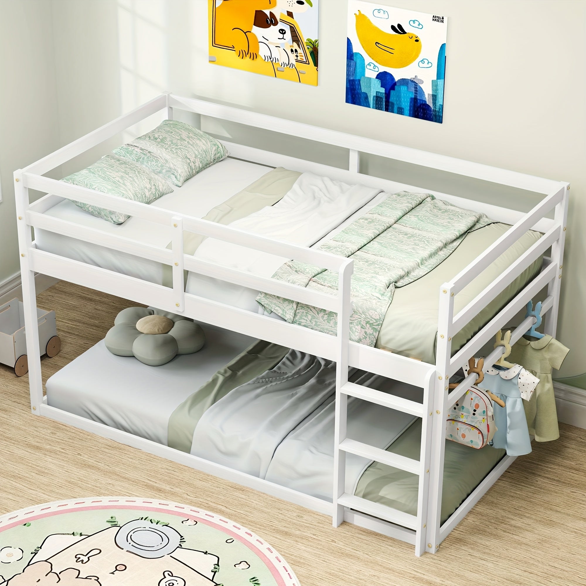 Kids Twin-Over-Twin Low Bunk Bed with Ladder & Full Guardrails, Solid Wood Floor Bunk Bed for Boys\u002FGirls, Junior Bedroom Space-Saver