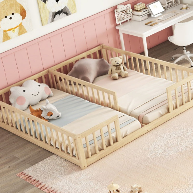 Modern Double Twin Floor Bed with Guardrails - Natural Finish, No Door, Mattress Not Included