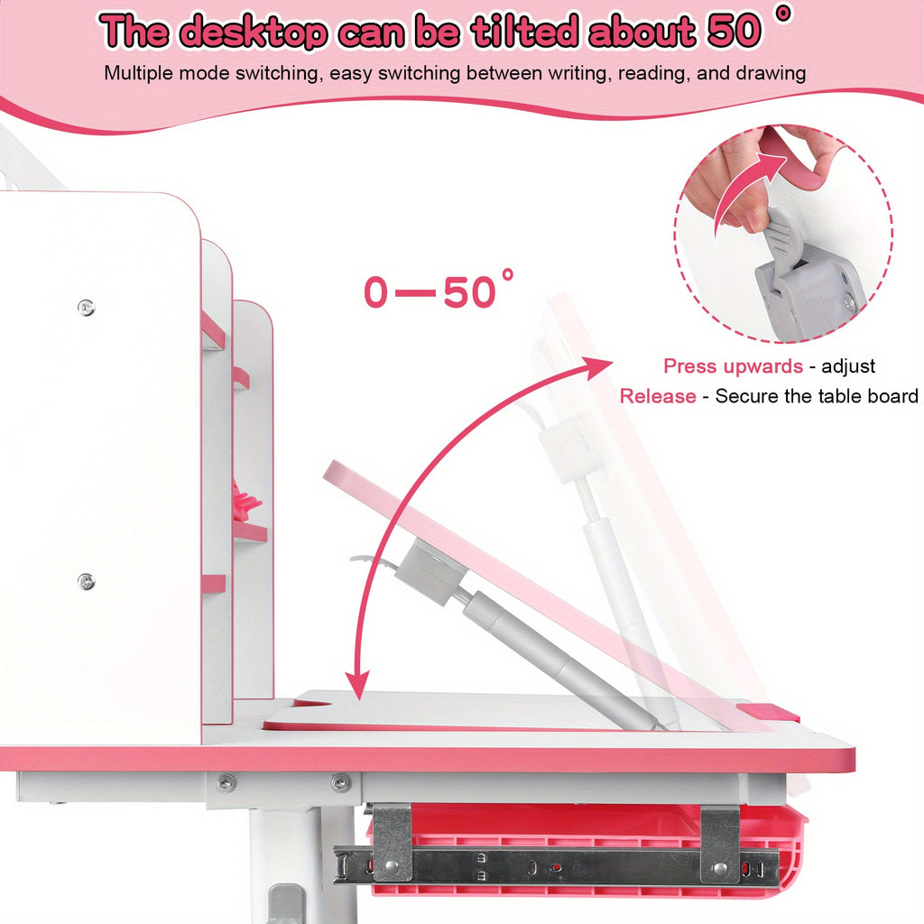 1 X Children's Study Table Study Table and Chair Set, Adjustable Children's Table and Chair with Bookshelf and Storage Drawer, 50 Degree Slopable Desktop Study Table, Chair with Chair Bedroom Study Room 46.85\
