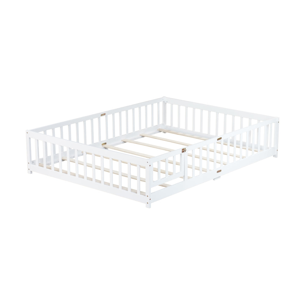 Queen Size Floor Bed with Fence, Door, Rubber Wood Floor Bed with Safety Guardrails, White