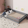Queen Size Floor Bed with Fence, Door, Rubber Wood Floor Bed with Safety Guardrails, White