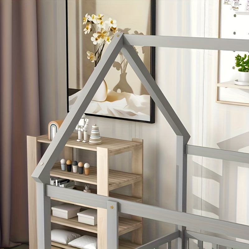 Twin Over Twin House-Shaped Bunk Bed with Guardrails & Ladder - Low Profile Bed Suitable for &, Space-Saving Rubber Wood Bed with Wide Step Ladder and House Roof