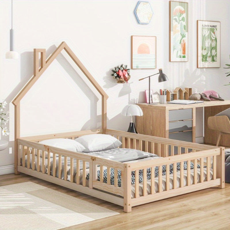 Natural Floor Bed with a Headboard Shaped Like a Full House And a Fence.