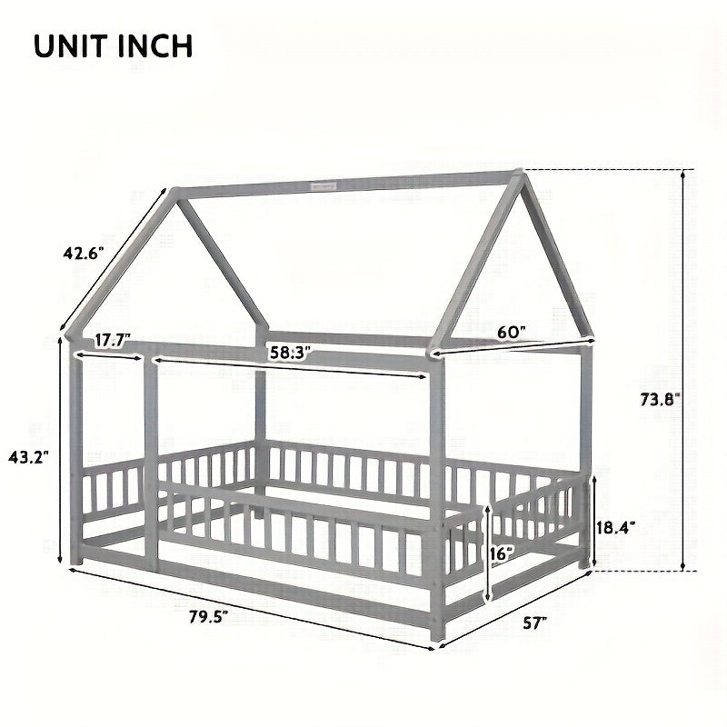 Twin Over Twin House-Shaped Bunk Bed with Guardrails & Ladder - Low Profile Bed Suitable for &, Space-Saving Rubber Wood Bed with Wide Step Ladder and House Roof