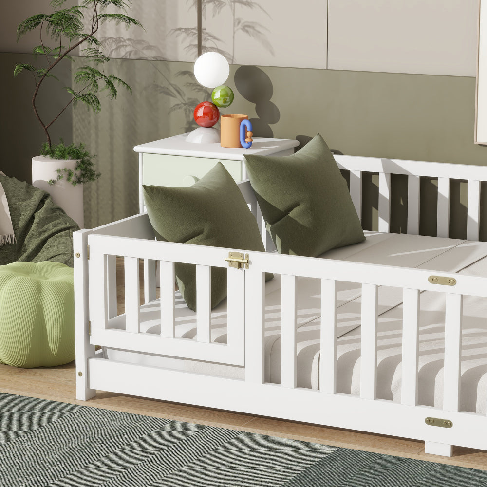 Queen Size Floor Bed with Fence, Door, Rubber Wood Floor Bed with Safety Guardrails, White