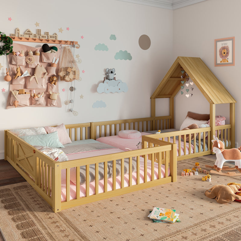 Full Size House Floor Bed Double Full Floor Bed with Door and Full-length Guardrails Multi-function Design Natural