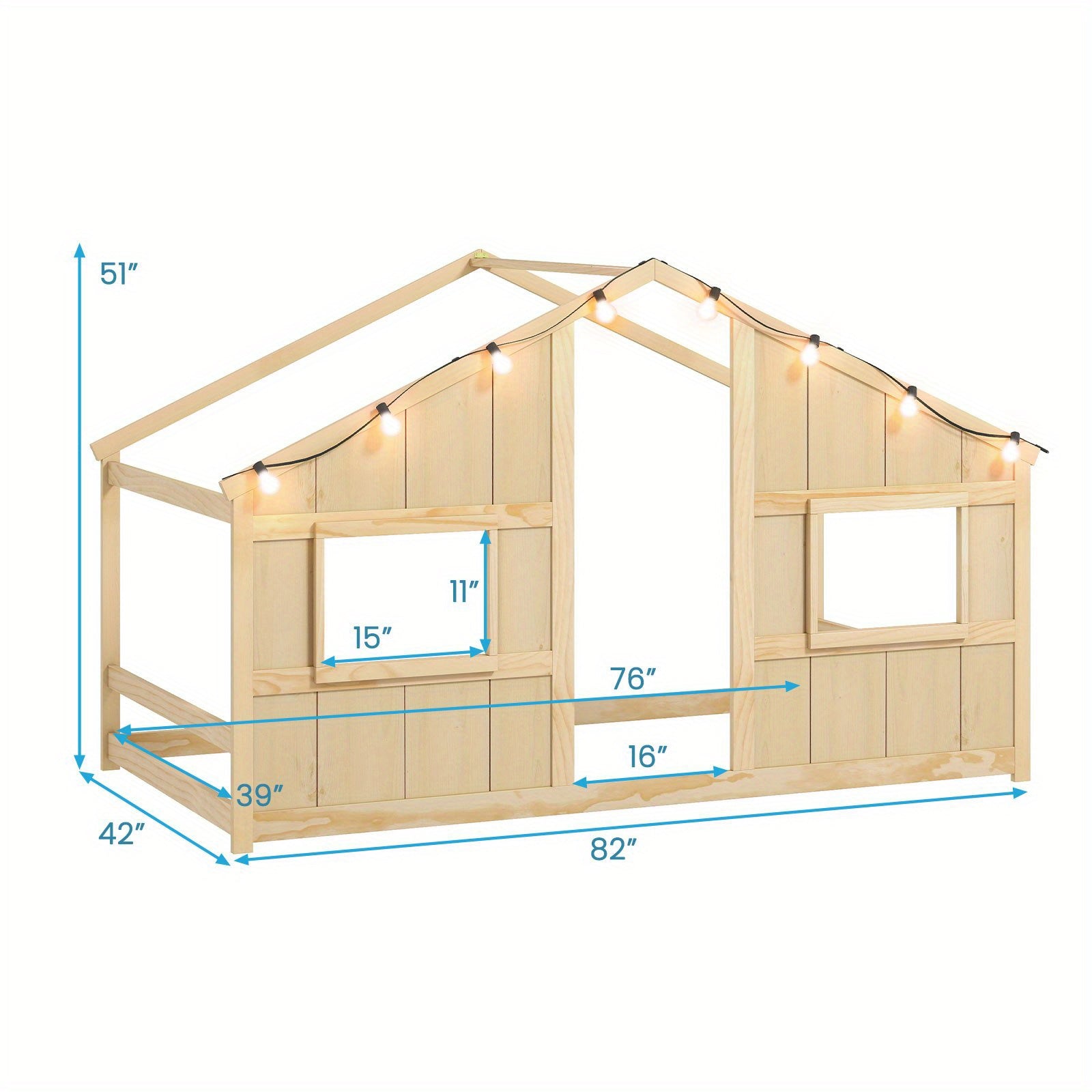 COSTWAY Twin Size House Bed With LED Lights, Slat-free Floor Bed With Roof & Windows, Solid Wood Bed Frame With Warm Lights For Kids To Play Natural