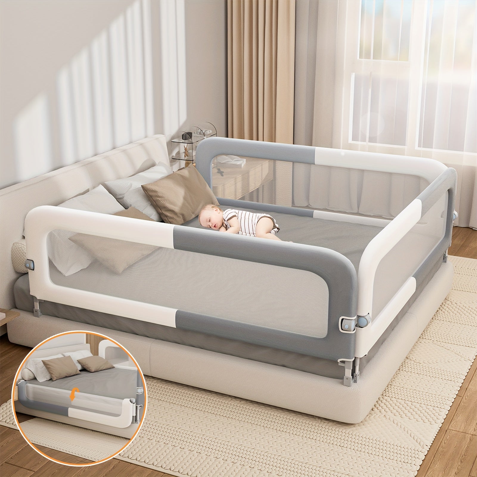 Three Sides Bed Rail for Toddlers, Foldable Steady U-Shape Seamless Design for King Size Bed\u002F78.74x78.74x74\