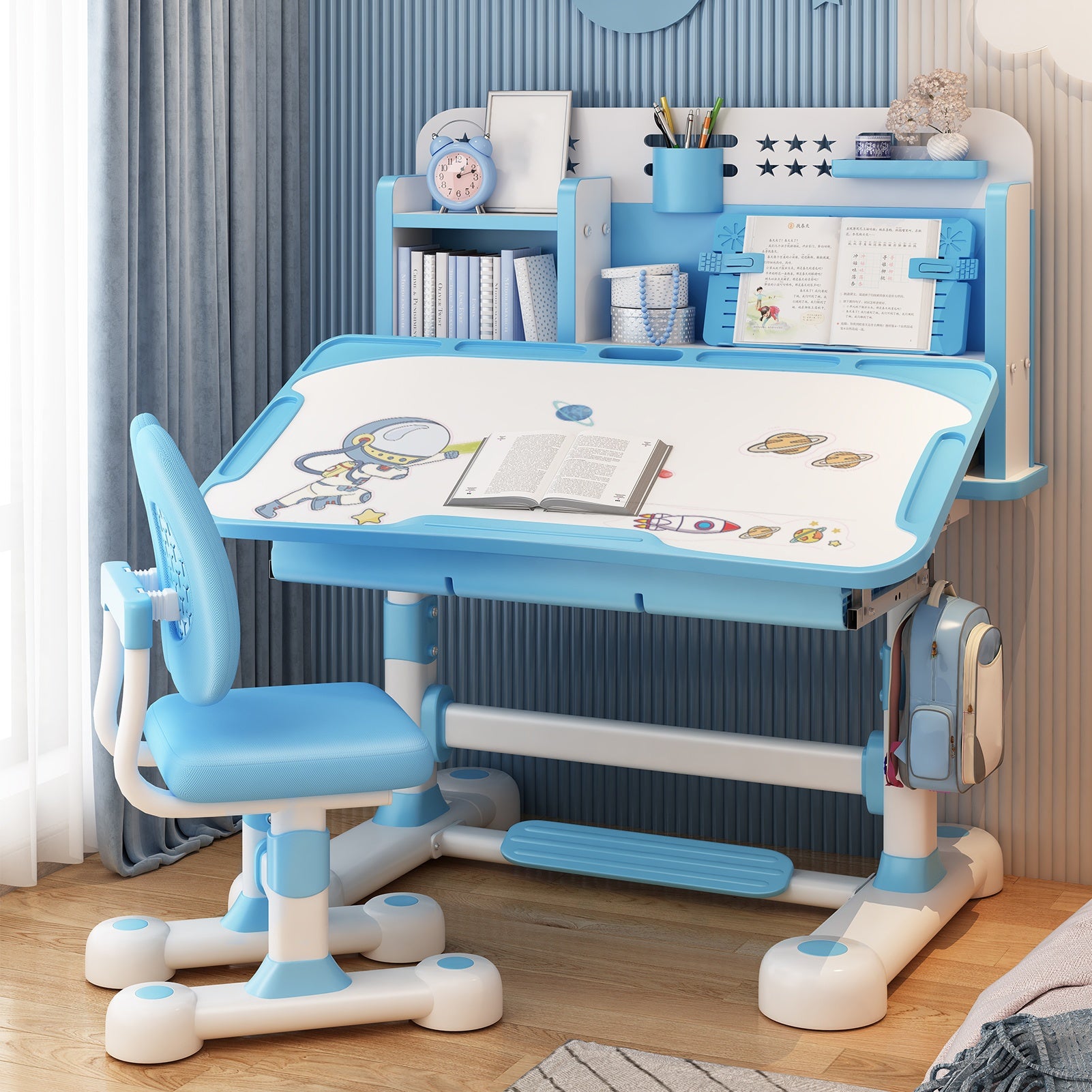 2pcs ' Adjustable Height Study Table & Chair Set with Bookshelf, Footboard & Partition - Ergonomic Learning Desk for \u002F Room, to Teen, Pink\u002FBlue (Metal & Wood), Space-Saving