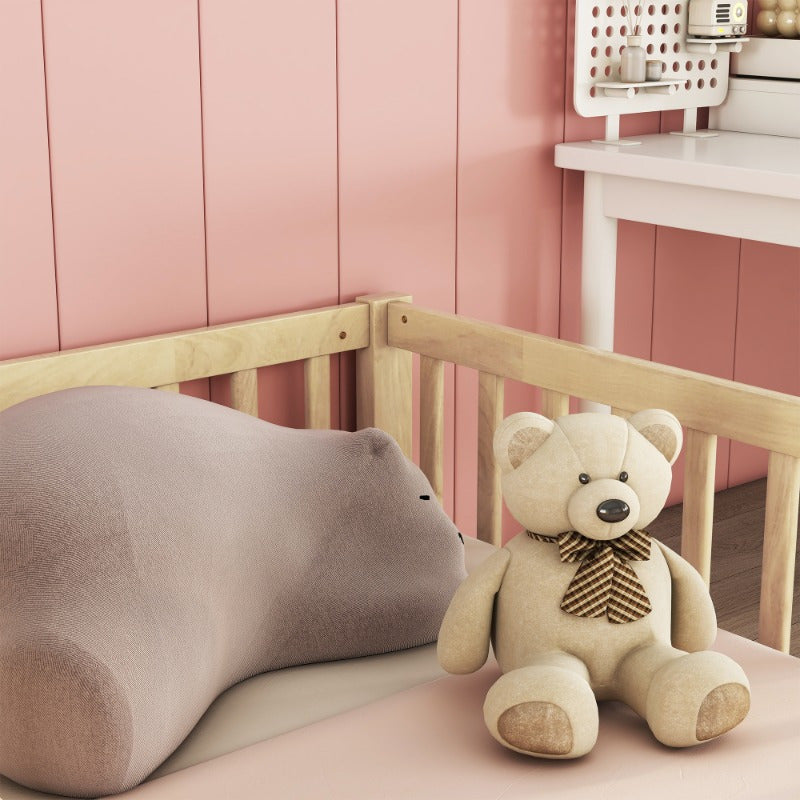 Modern Double Twin Floor Bed with Guardrails - Natural Finish, No Door, Mattress Not Included