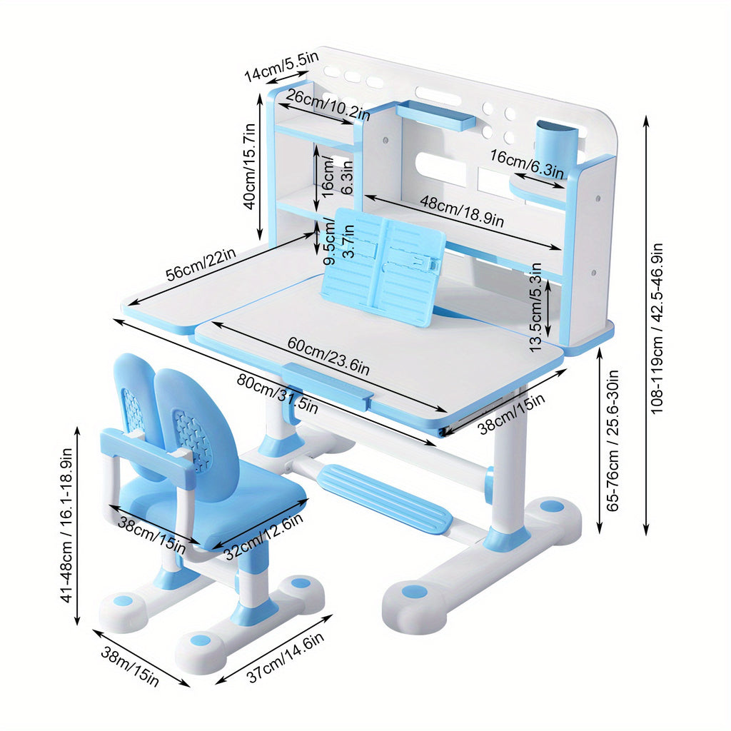 1 X Children's Study Table Study Table and Chair Set, Adjustable Children's Table and Chair with Bookshelf and Storage Drawer, 50 Degree Slopable Desktop Study Table, Chair with Chair Bedroom Study Room 46.85\