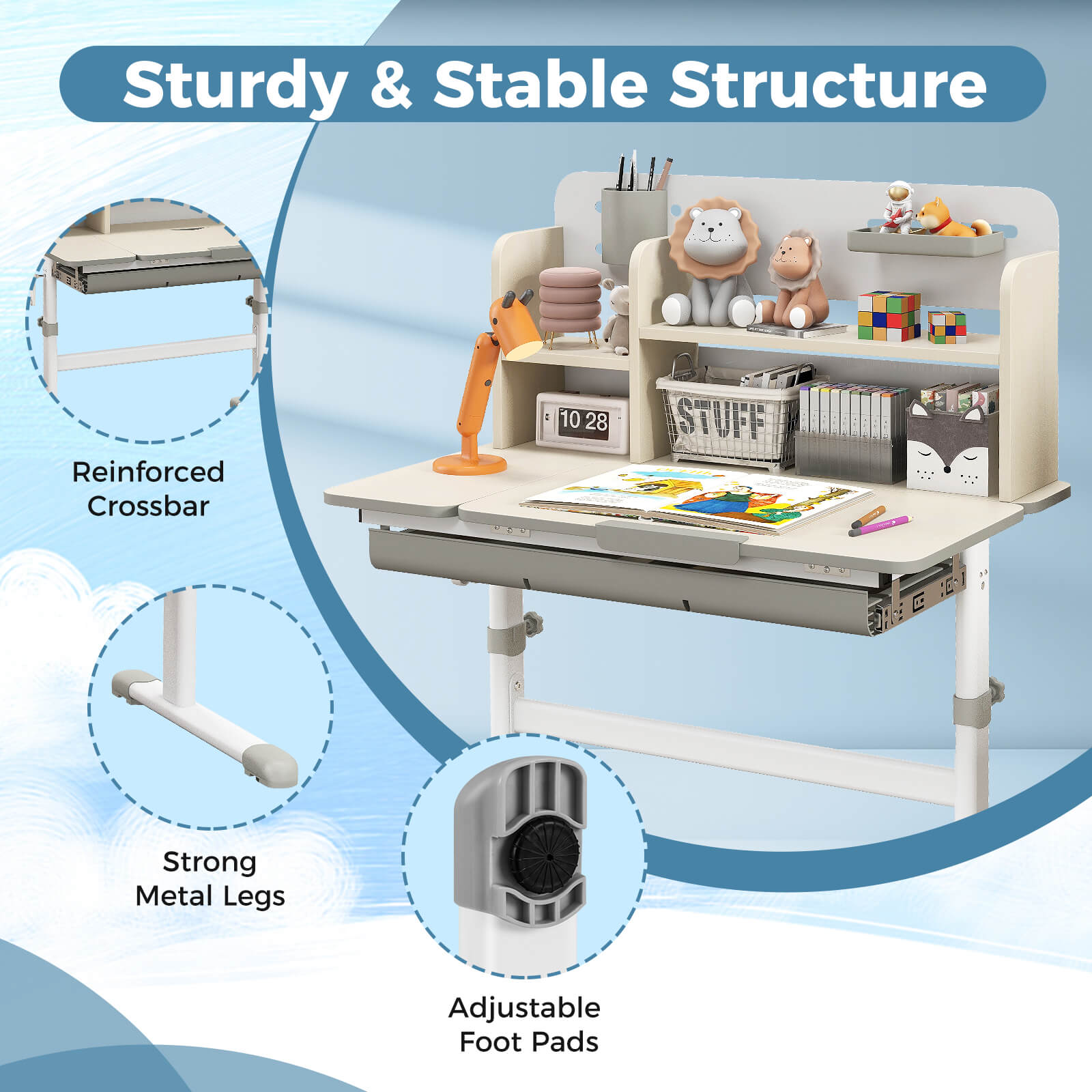 COSTWAY Kids Study Desk Multifunctional Study Table w\u002F Tiltable Desktop Book Stand