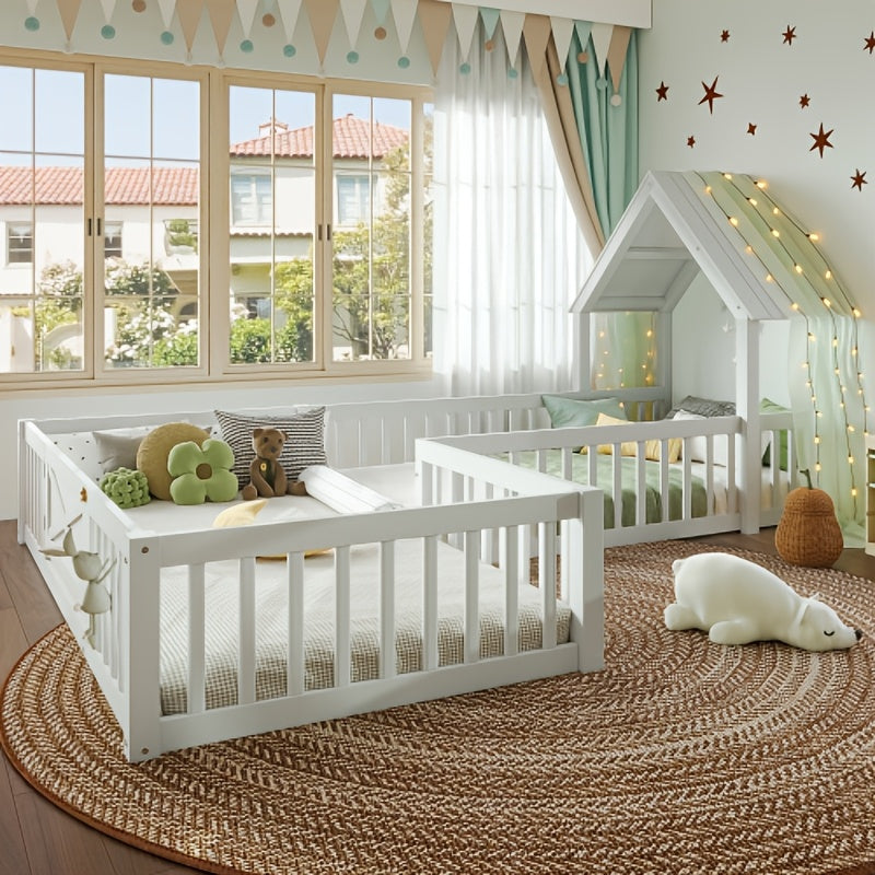 Full Size House Floor Bed, Double Full Floor Bed With Door And Full-length Guardrails, Multi-function Design, White