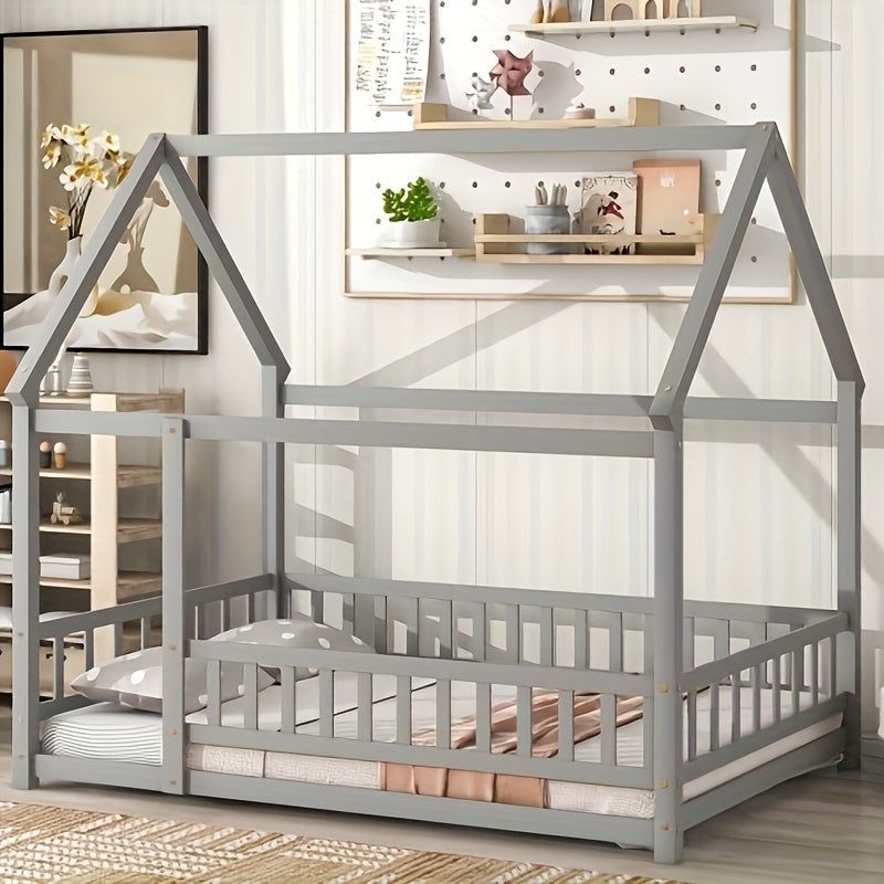 Twin Over Twin House-Shaped Bunk Bed with Guardrails & Ladder - Low Profile Bed Suitable for &, Space-Saving Rubber Wood Bed with Wide Step Ladder and House Roof