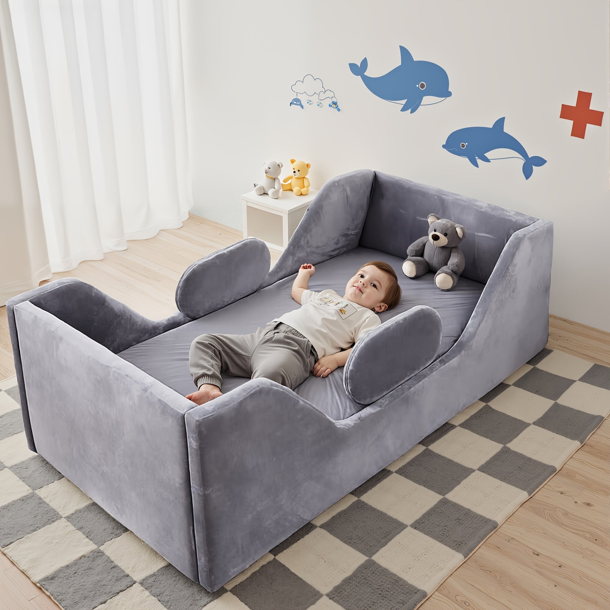 Toddler Bed, Child Bed for Kids with Extra Safty Broad, Standard Crib Size Toddler Bed, Certified Fabric Toddler Beds, Toddler Flood Bed