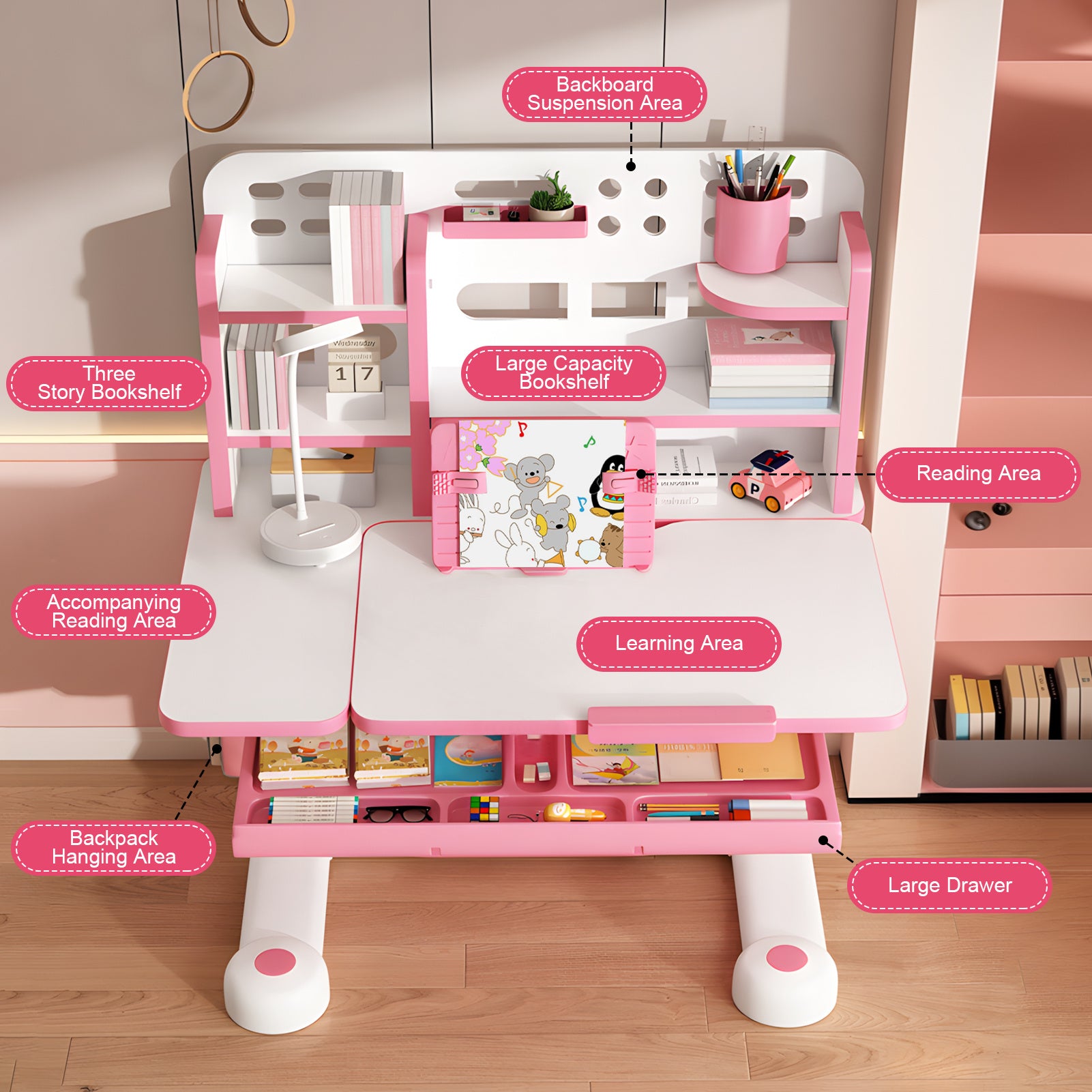 1 X Children's Study Table Study Table and Chair Set, Adjustable Children's Table and Chair with Bookshelf and Storage Drawer, 50 Degree Slopable Desktop Study Table, Chair with Chair Bedroom Study Room 46.85\