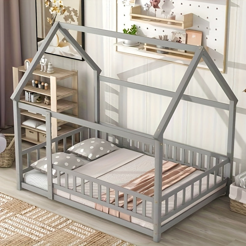 Twin Over Twin House-Shaped Bunk Bed with Guardrails & Ladder - Low Profile Bed Suitable for &, Space-Saving Rubber Wood Bed with Wide Step Ladder and House Roof